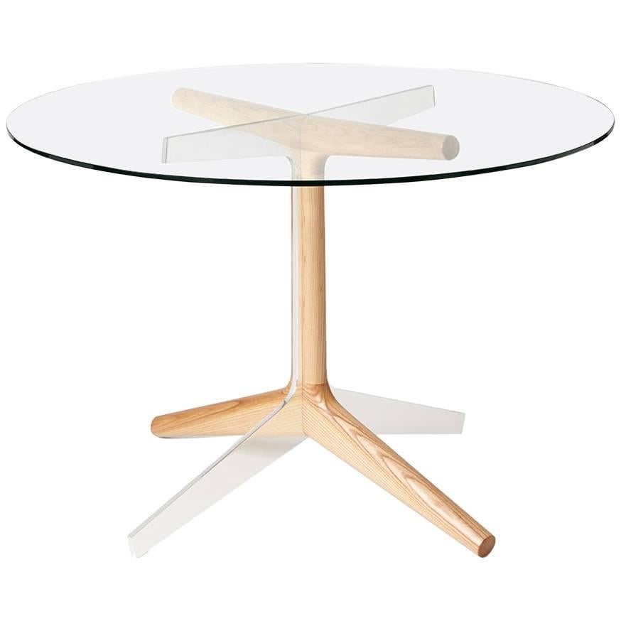 R5 Round Table, Modern Ash Hardwood, Glass, and Polished Aluminum Dining Table  For Sale