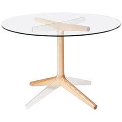 R5 Round Table, Modern Ash Hardwood, Glass, and Polished Aluminum Dining Table 