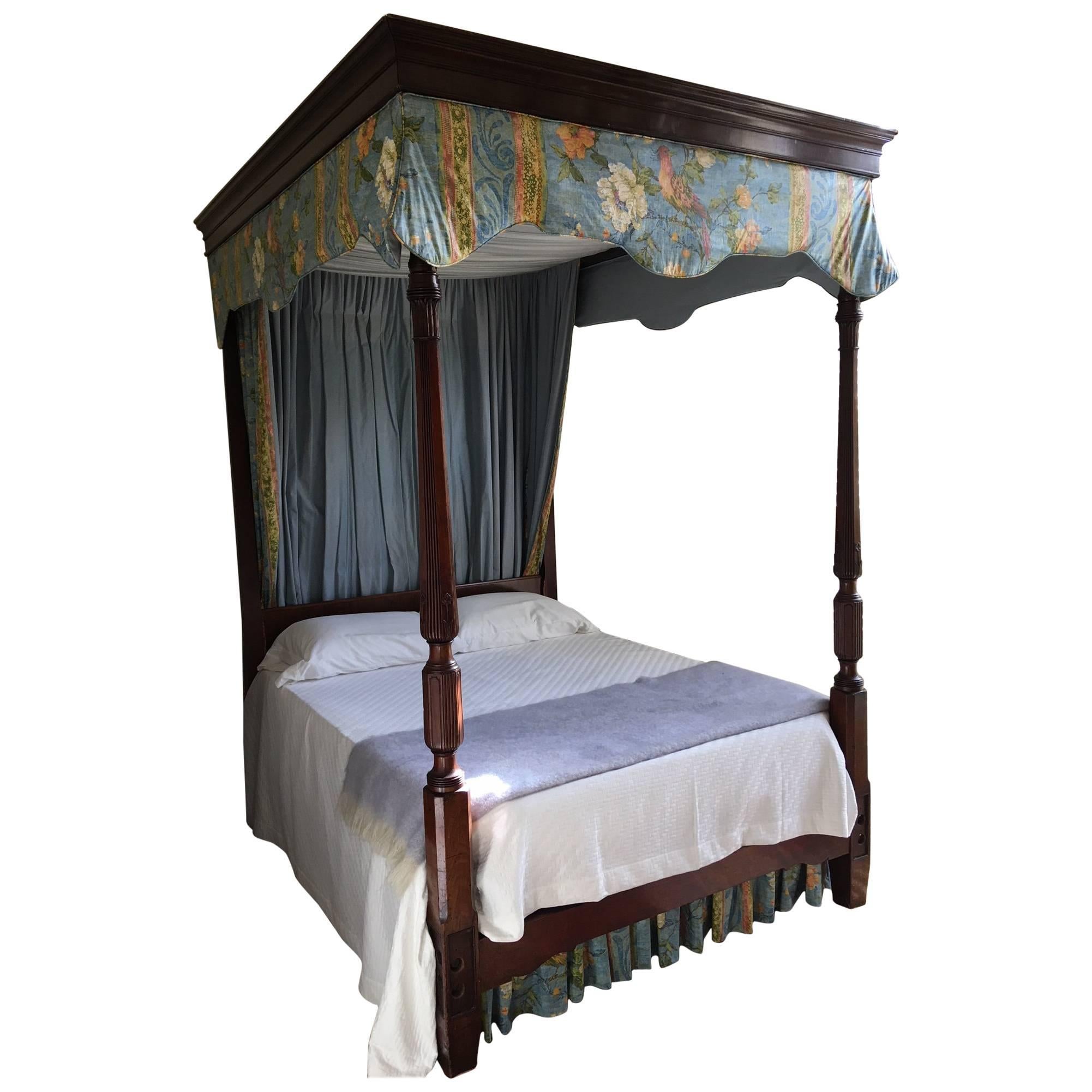 Carved Mahogany Four-Poster Bed with Canopy, 19th Century