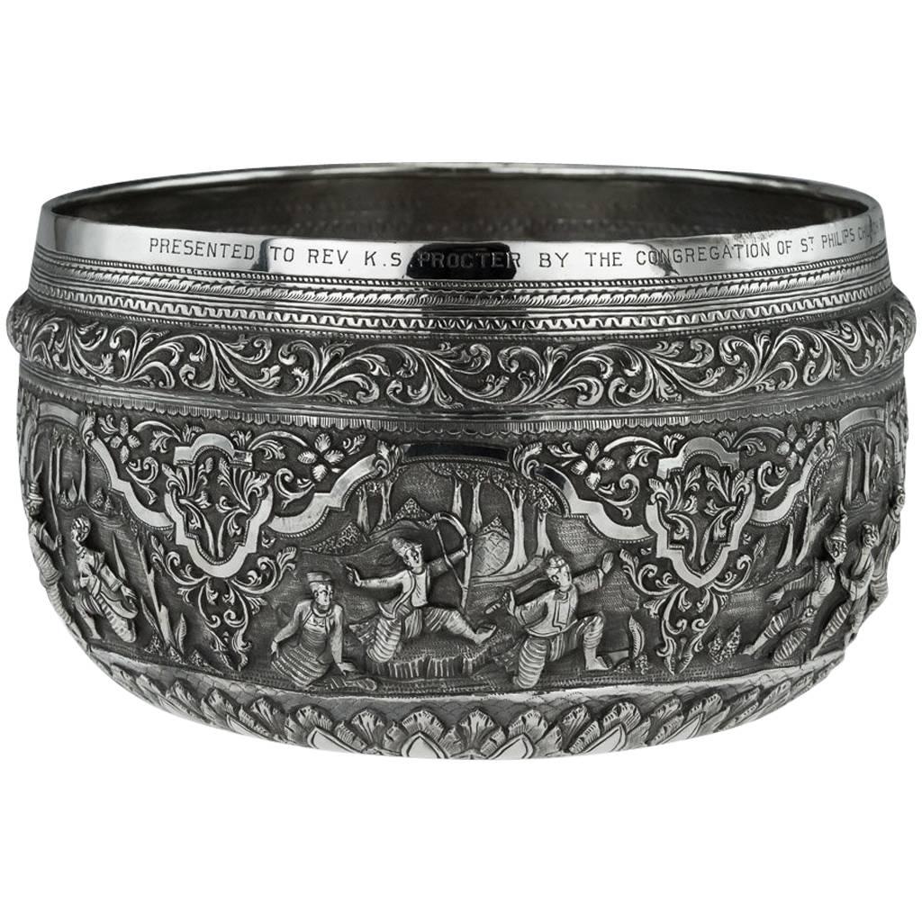 Antique Exceptional Burmese Solid Silver Thabeik Bowl, Rangoon, circa 1920