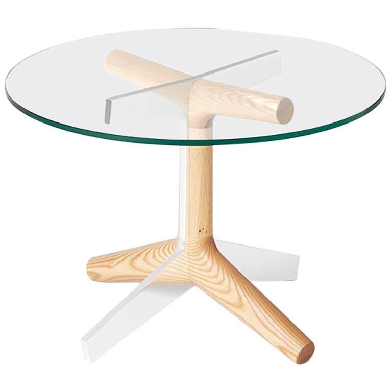 R4 Side Table, Modern Ash Hardwood, Glass and Polished Aluminum End Table For Sale