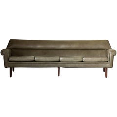 Retro Midcentury Curved Olive Green Leather Sofa