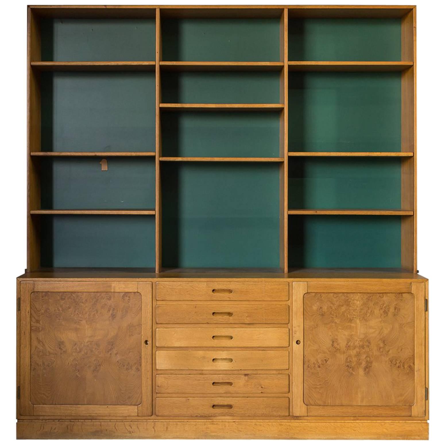 Two-Piece Midcentury Oak Cabinet with Green Painted Back Wall