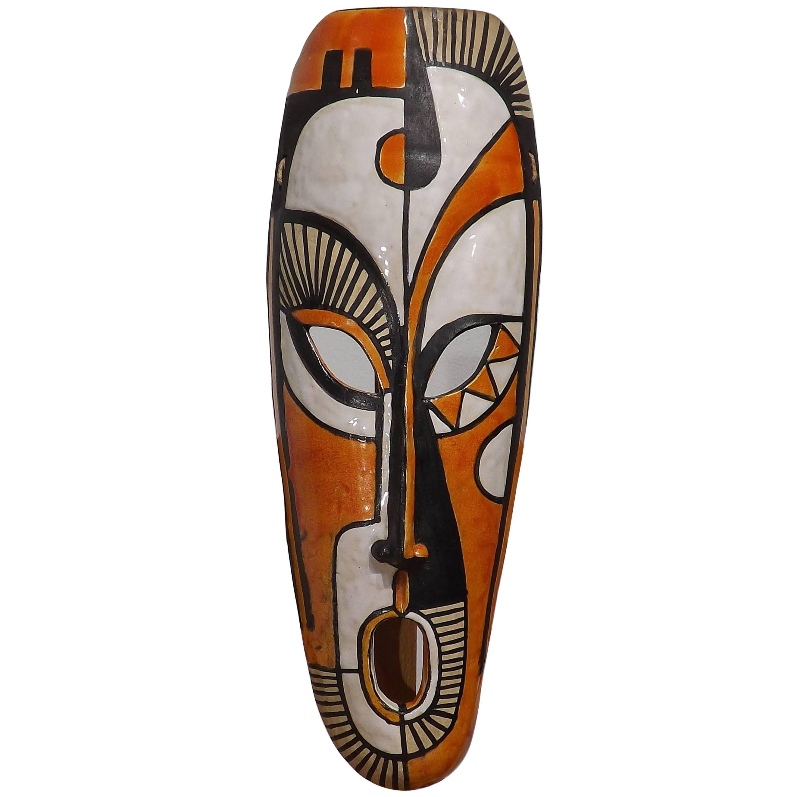 Midcentury Ceramic African Style Mask, Dated 1955