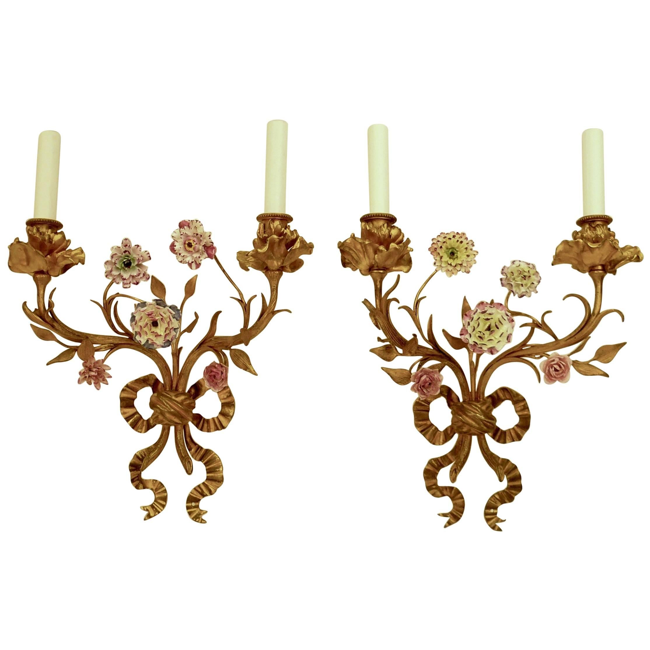 Pair of Louis XVI Style Gilt Bronze Sconces with Porcelain Flowers