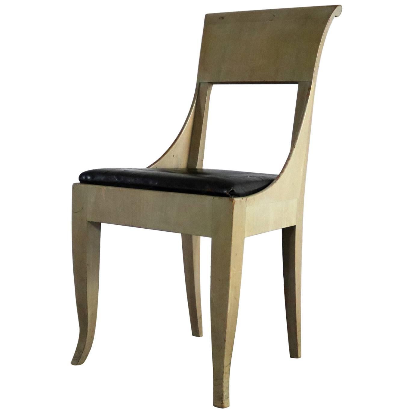 Art Deco Accent Side Chair Distressed Gray Finish and Black Leather
