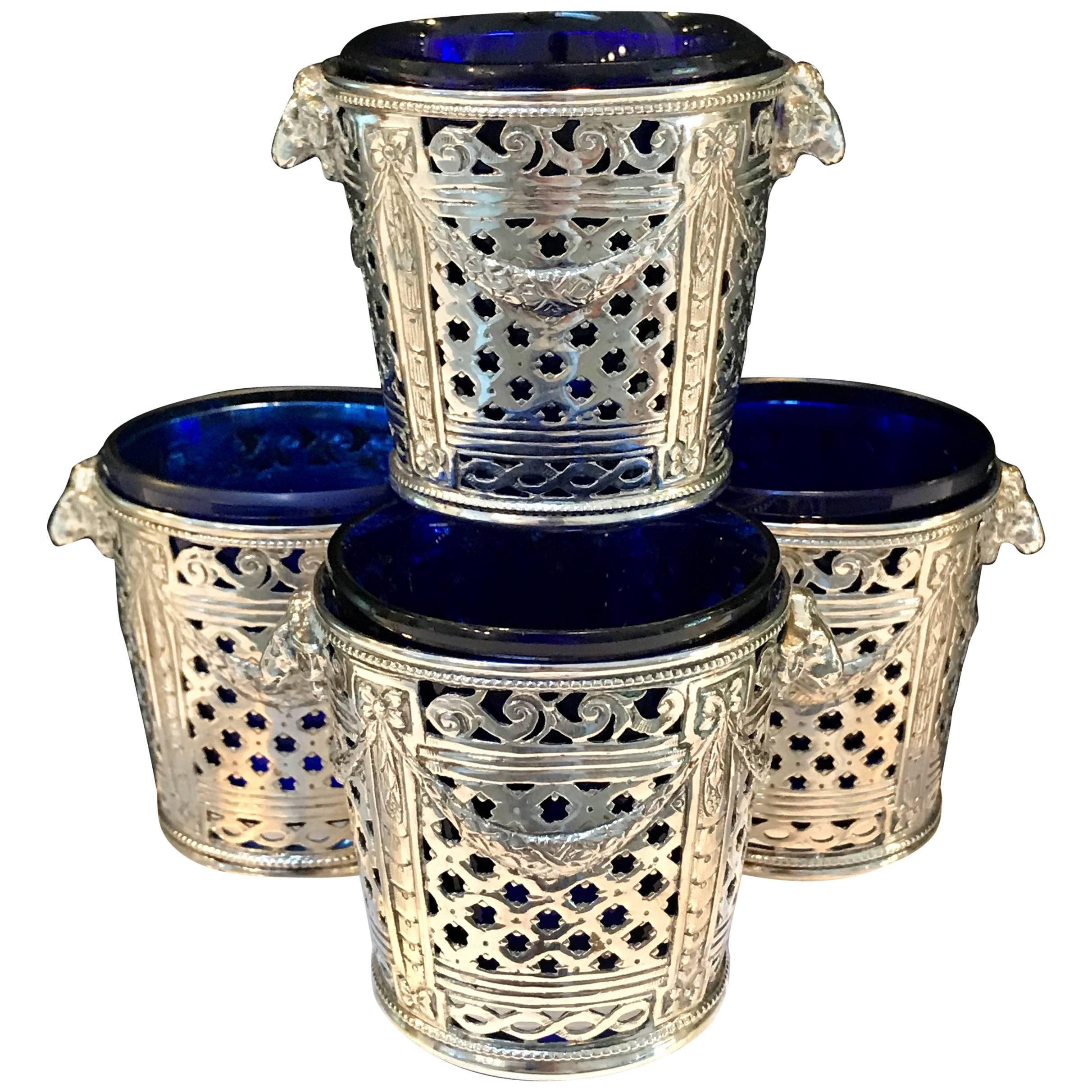Four Silver Louis XVI Style Cachepots or Salts, with Cobalt Blue Glass Liners