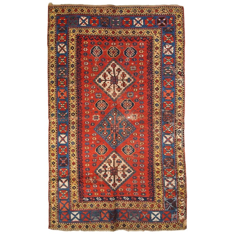 Handmade Antique Caucasian Kazak Rug, 1860s For Sale at 1stdibs
