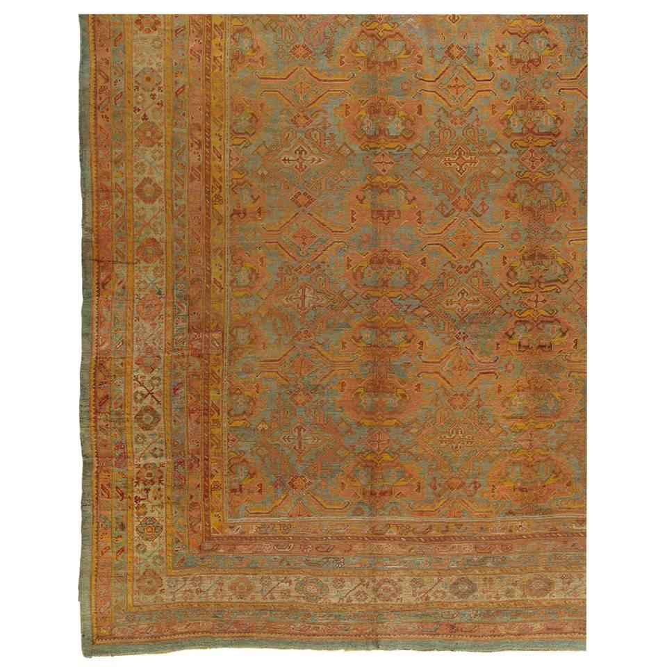 Antique Oushak Carpet, Turkish Handmade Oriental Rugs, Coral, Orange, Light Blue For Sale