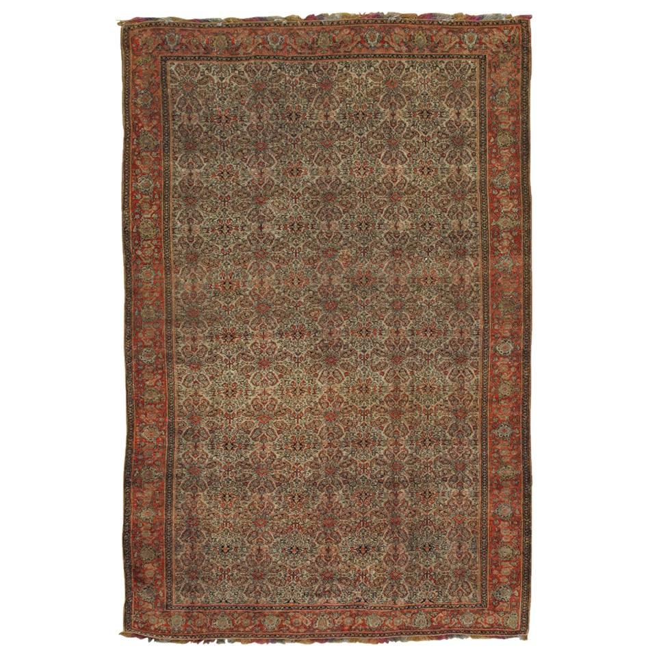 Antique Senneh Rug with Multicolored Silk Warp, Handmade, Fine Ivory, Red, Blue For Sale
