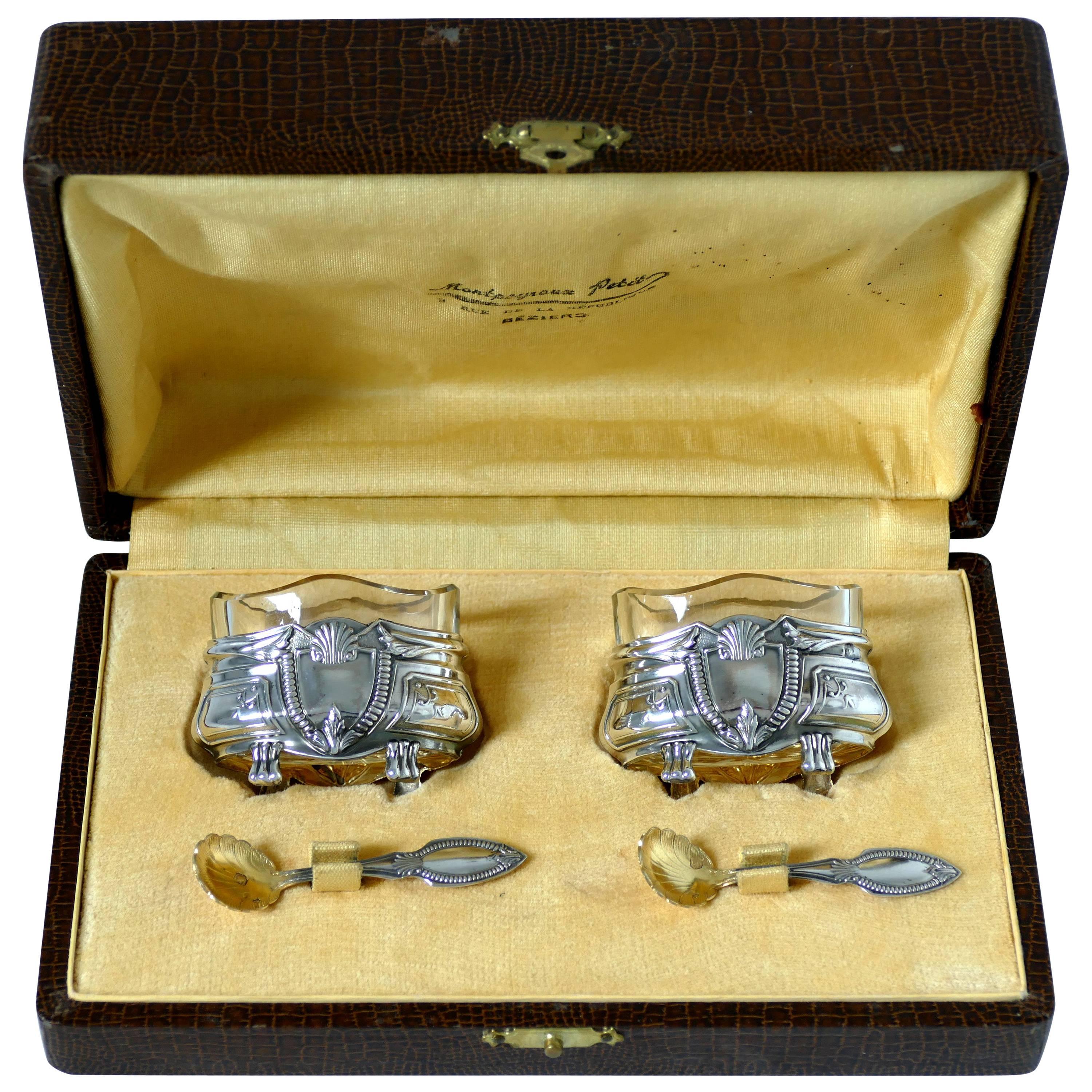 Crossard French Sterling Silver 18 Karat Gold Salt Cellars Pair, Spoons, Box For Sale