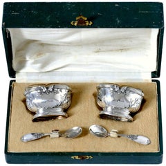 Moncheront French Sterling Silver 18-Karat Gold Salt Cellars Pair, Spoons, Box