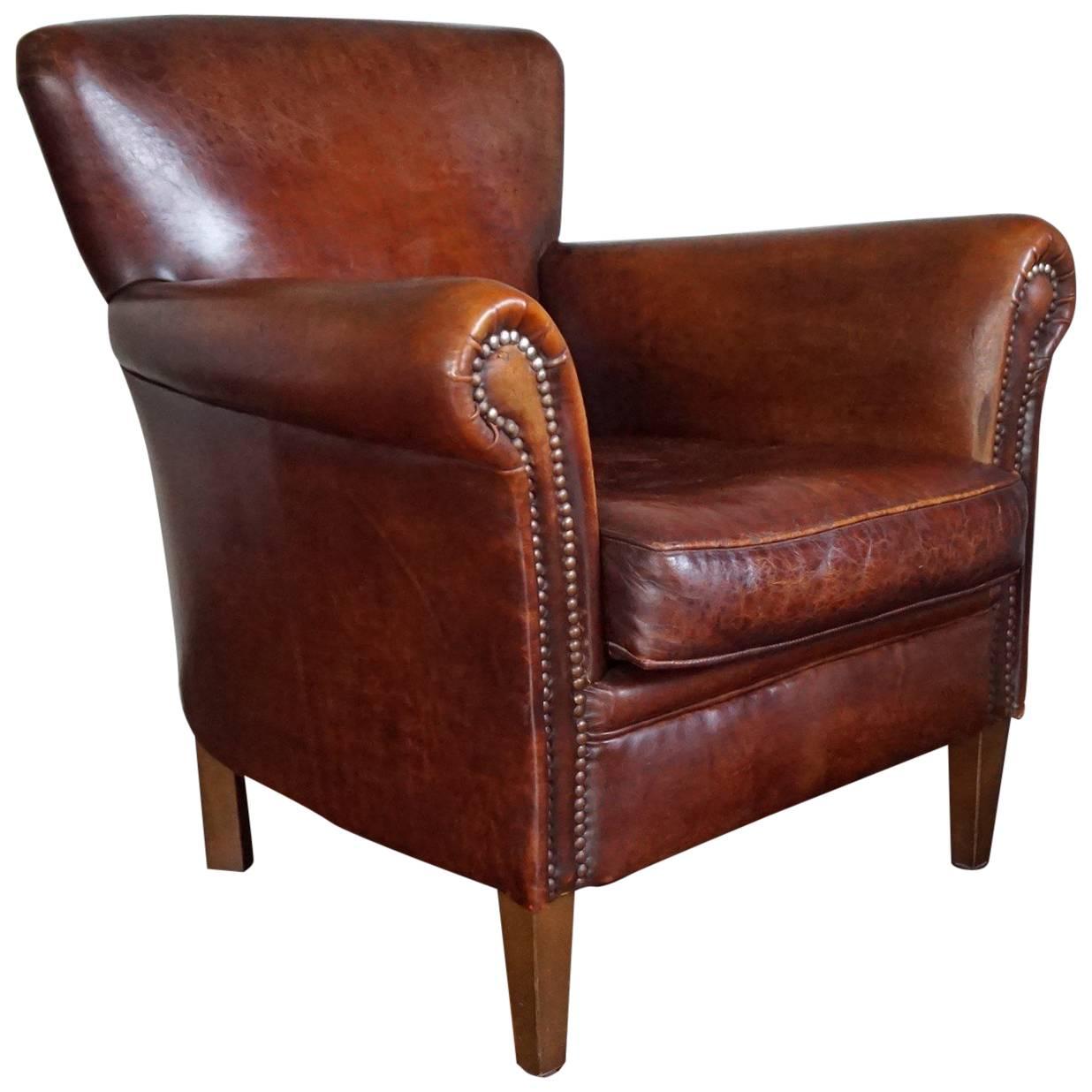 Great Quality and Condition Sheep Leather & Wood Chair Armchair with Warm Patina