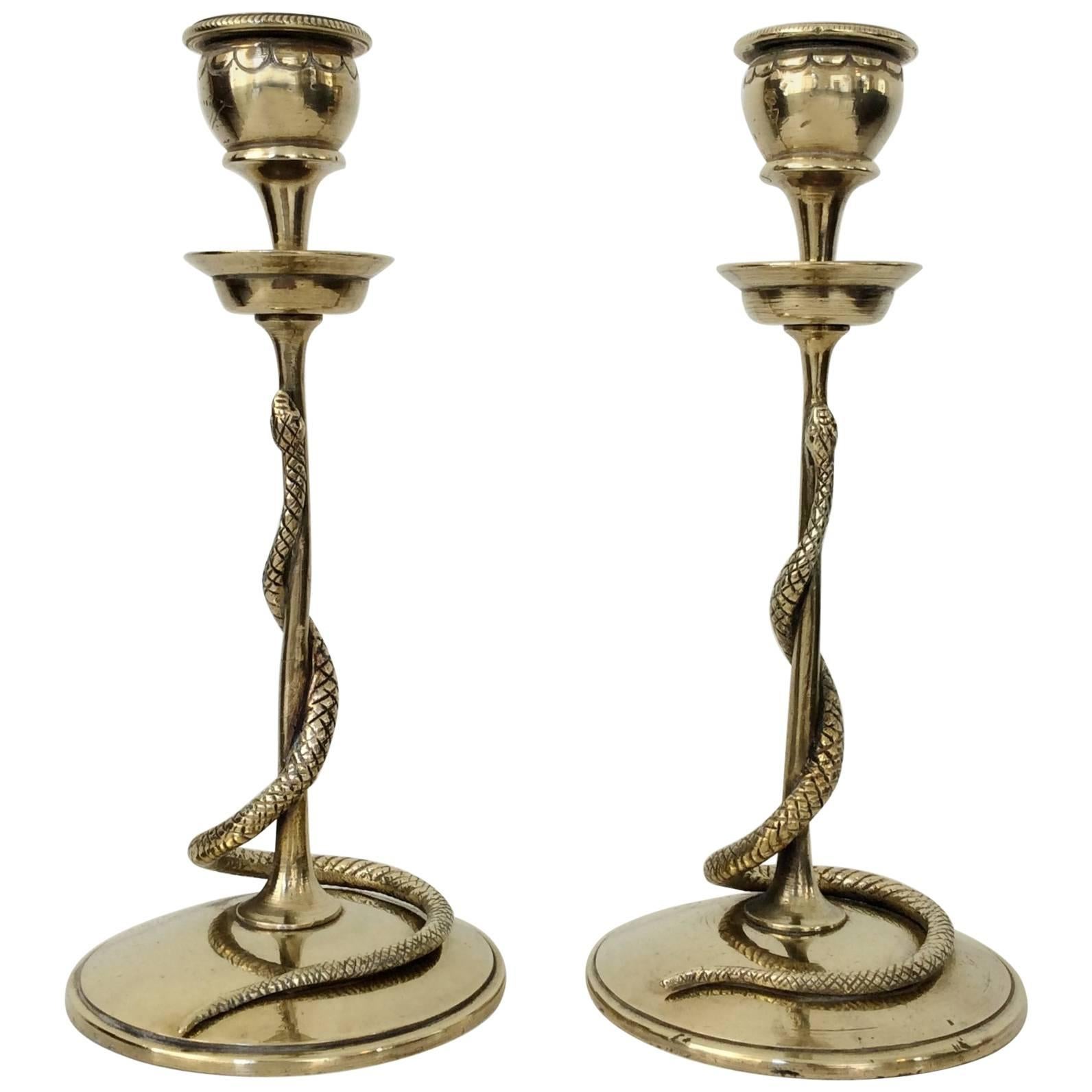 Pair of Carved Brass Snake Candleholders, France