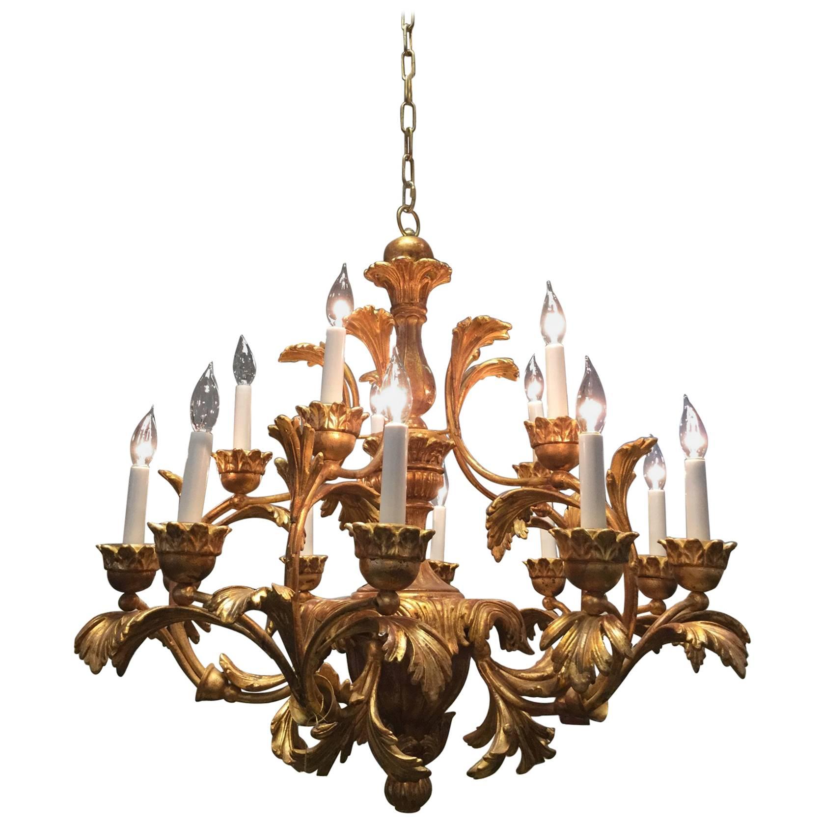 Hand-Carved Twelve-Light Chandelier in Gold Gilt Finish, Renaissance Collection