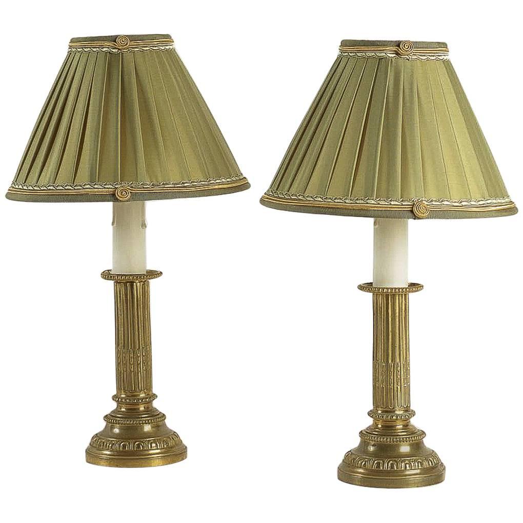 French Empire Period, Pair of Gilt Bronze Candlestick Lamps, circa 1810