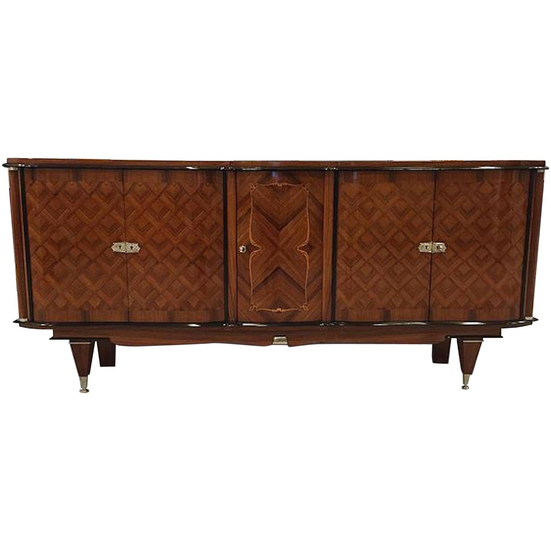 French Art Deco Rosewood Diamond Marquetry Buffet For Sale