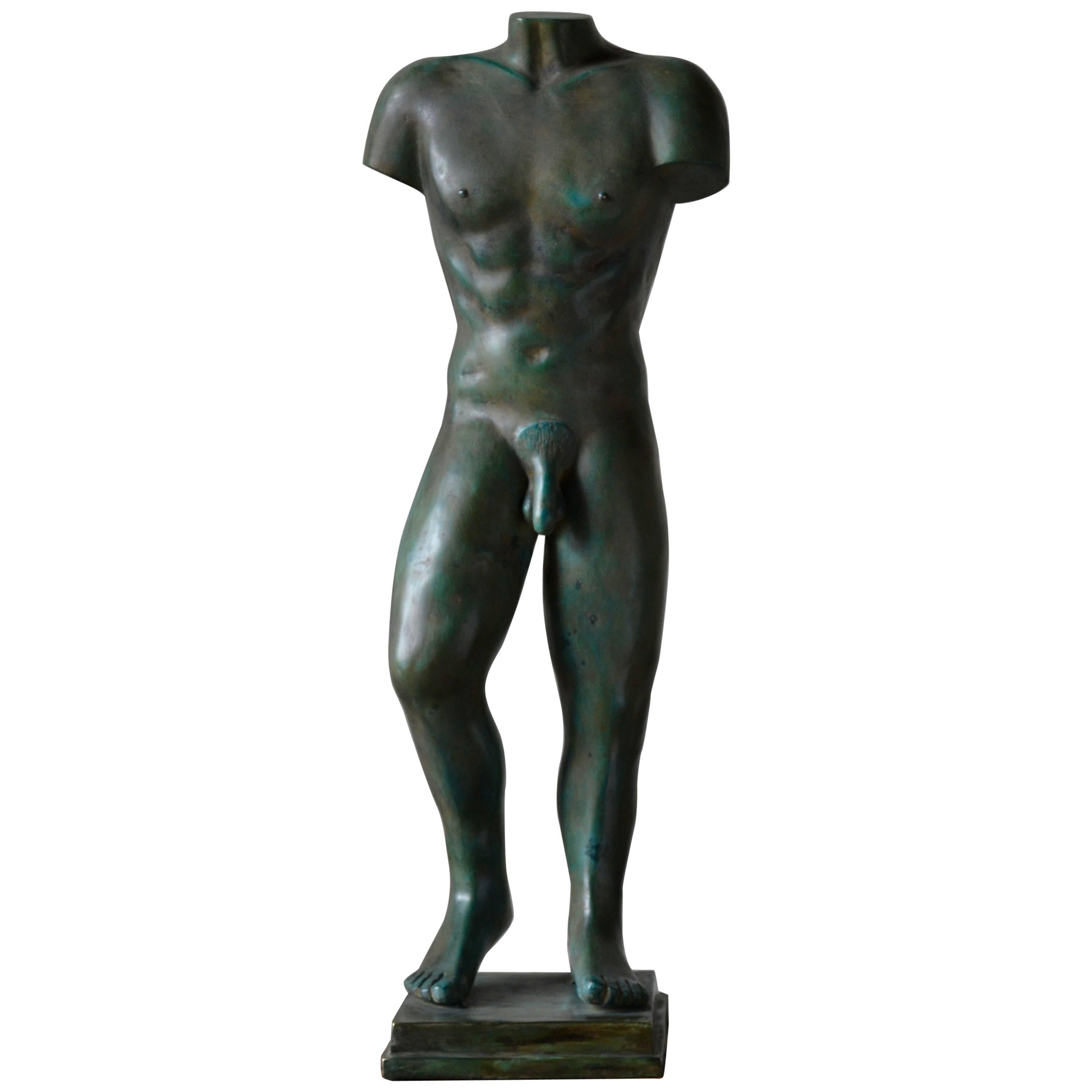 Male Torso Sculpture in Patinated Bronze For Sale