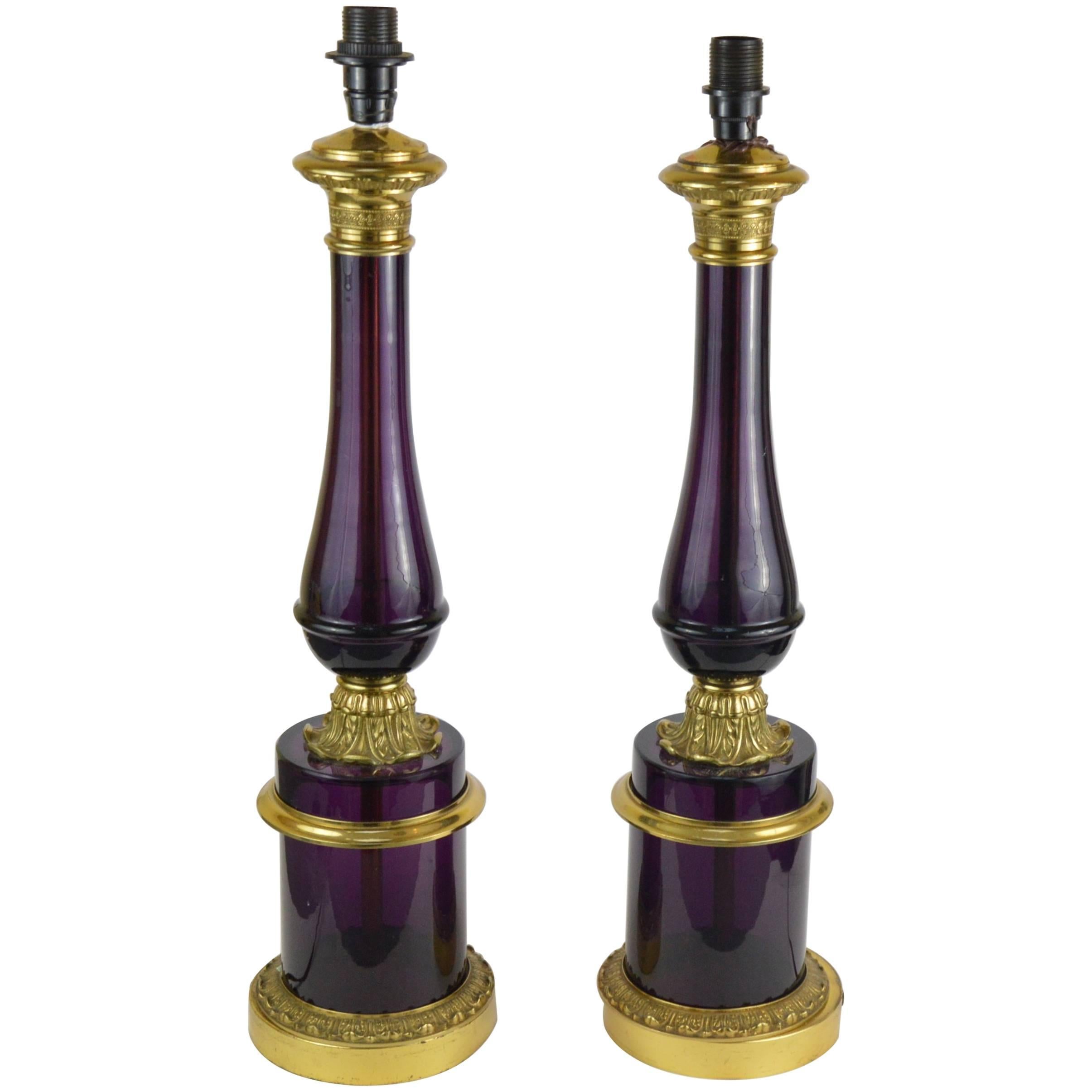 Pair of Empire Style Bronze Mounted Amethyst Glass Lamps