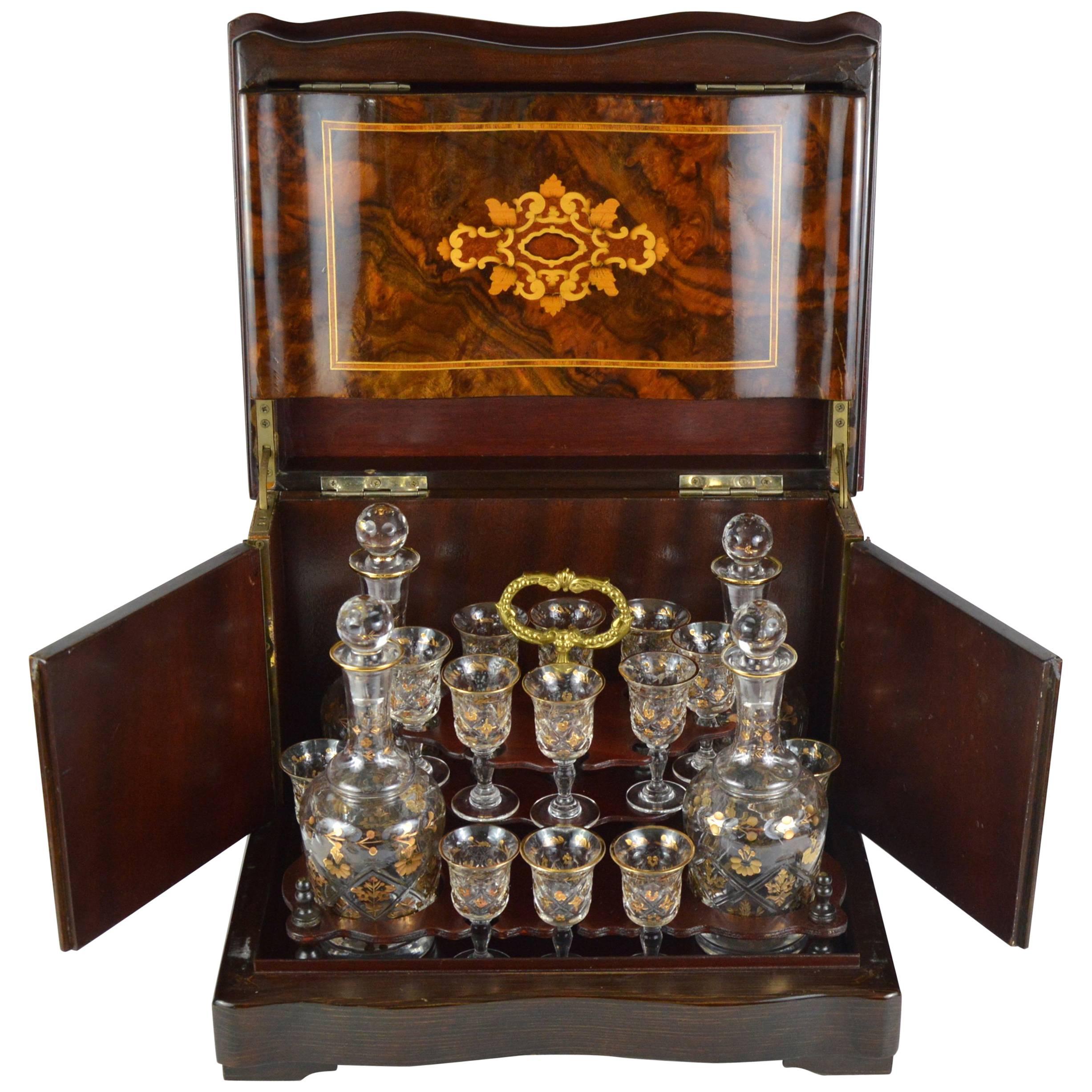 Walnut Marquetry Liquor Cabinet Box with Four Decanter & 13 Etched Gilt Glasses