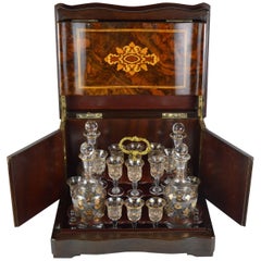 Vintage Walnut Marquetry Liquor Cabinet Box with Four Decanter & 13 Etched Gilt Glasses