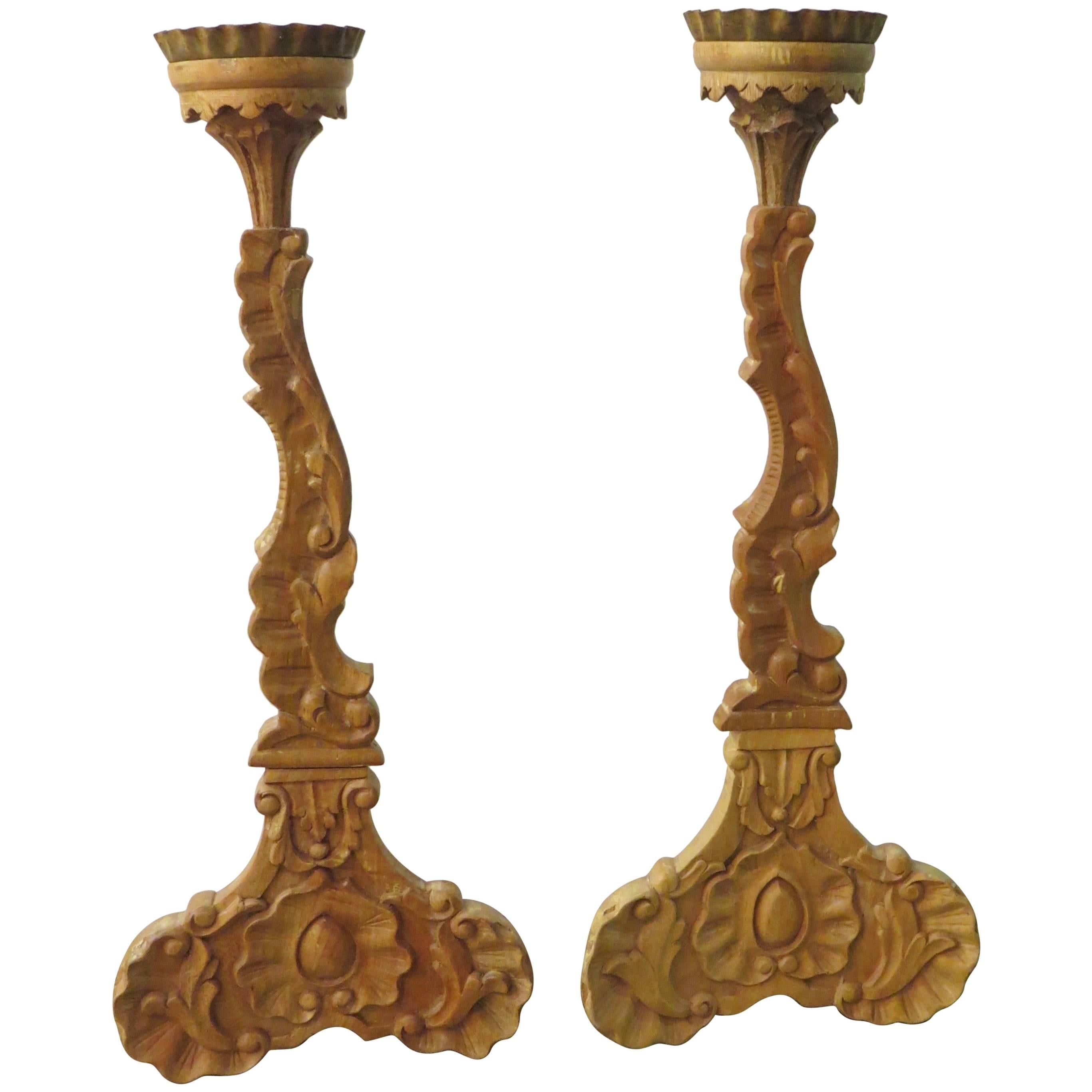 Pair of Carved French 19th Century Oak Candlesticks For Sale