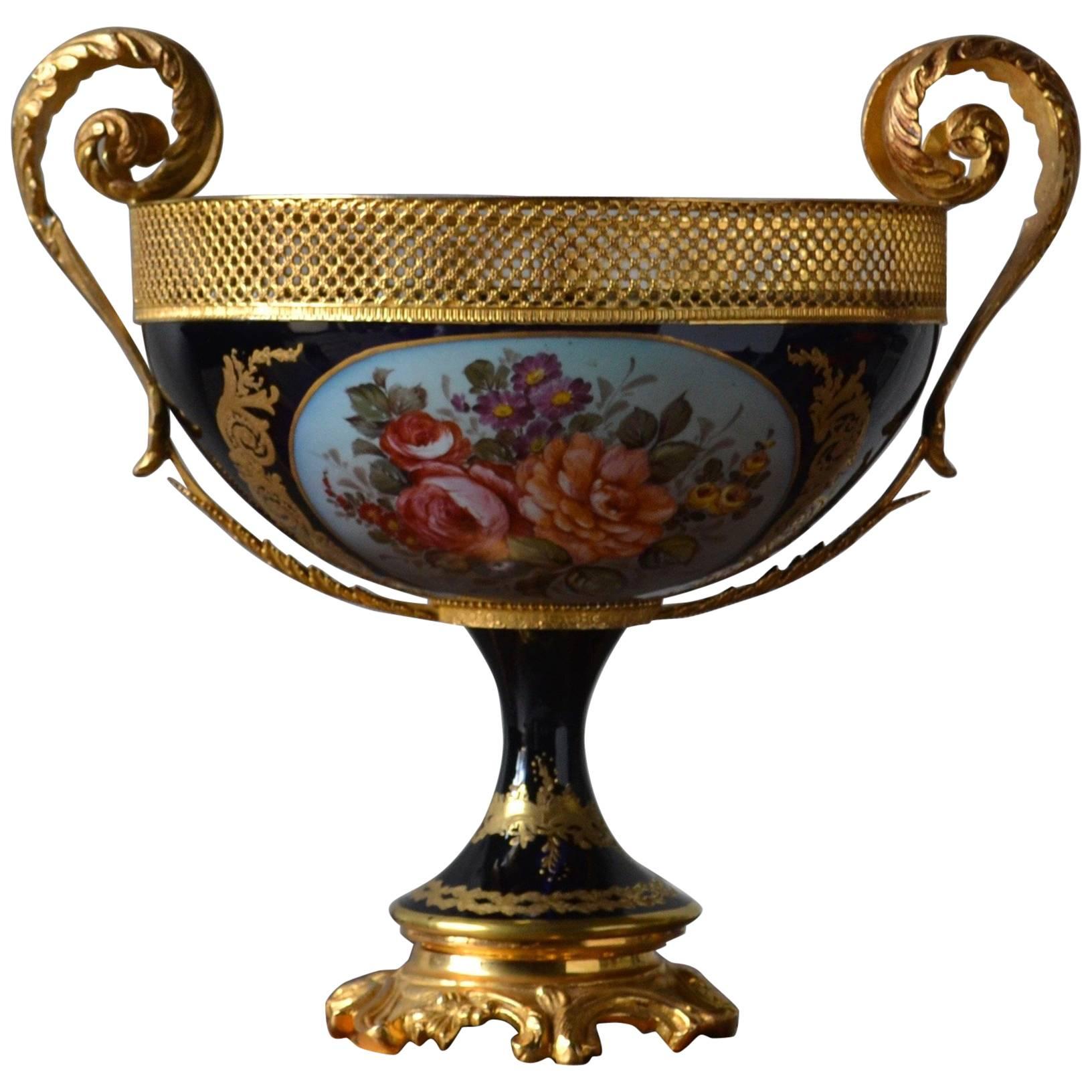 19th Century Sèvres French Hand-Painted Porcelain Jardiniére with Bronze Mounts For Sale