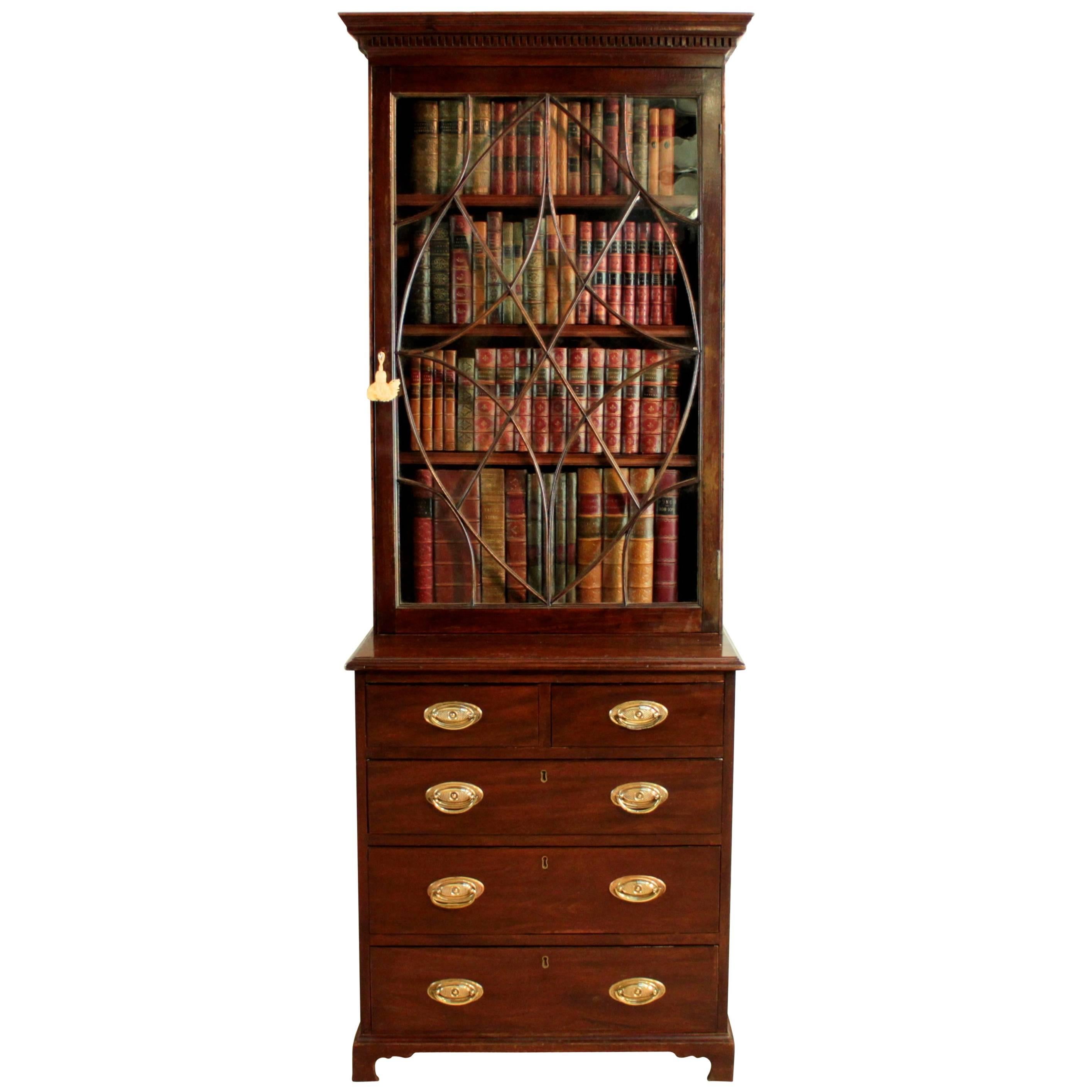 19th Century Narrow Mahogany Astragal Glazed Bookcase on Chest