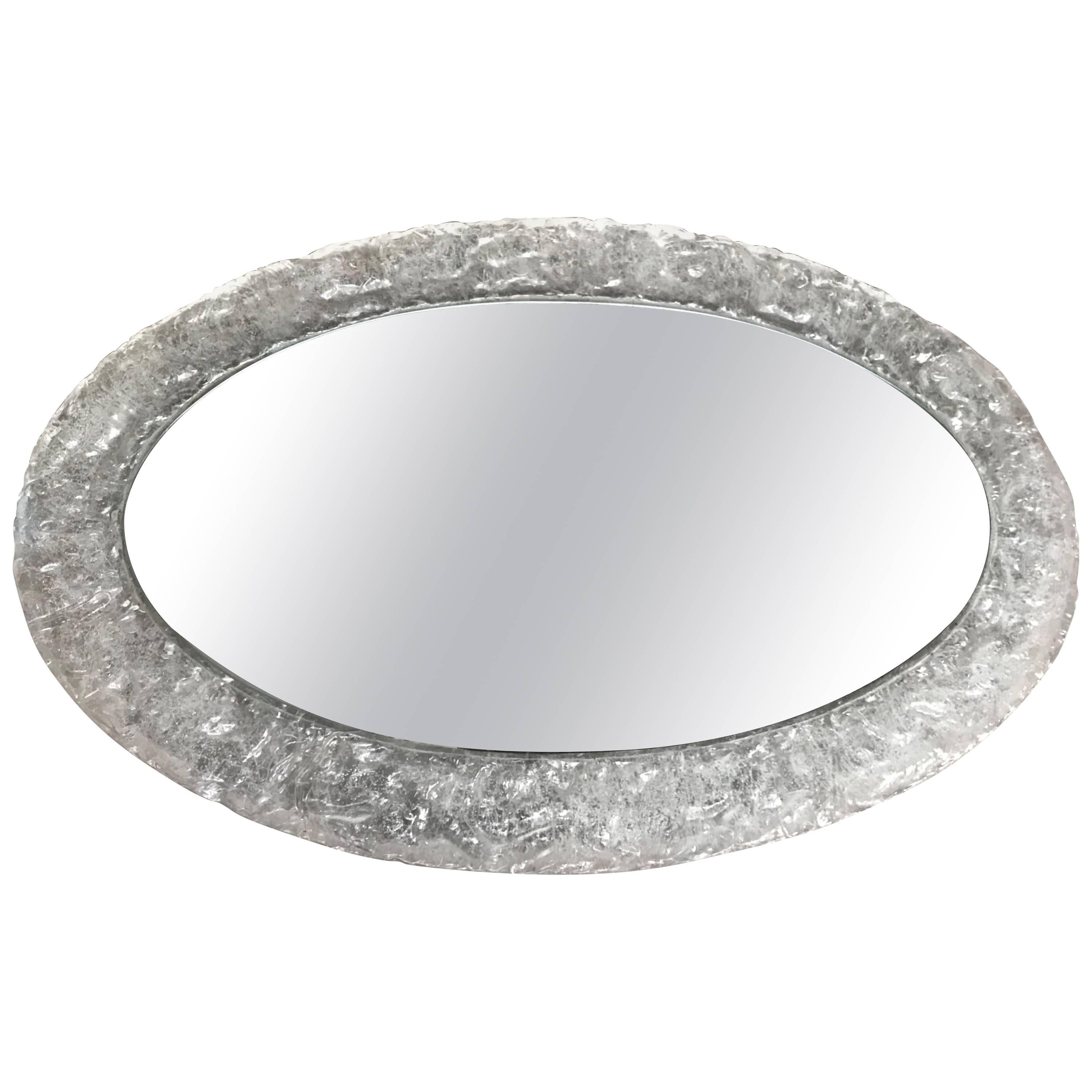 Rare Midcentury Design Oval Mirror in Faux Glass Frame with Frosted Ice Pattern For Sale