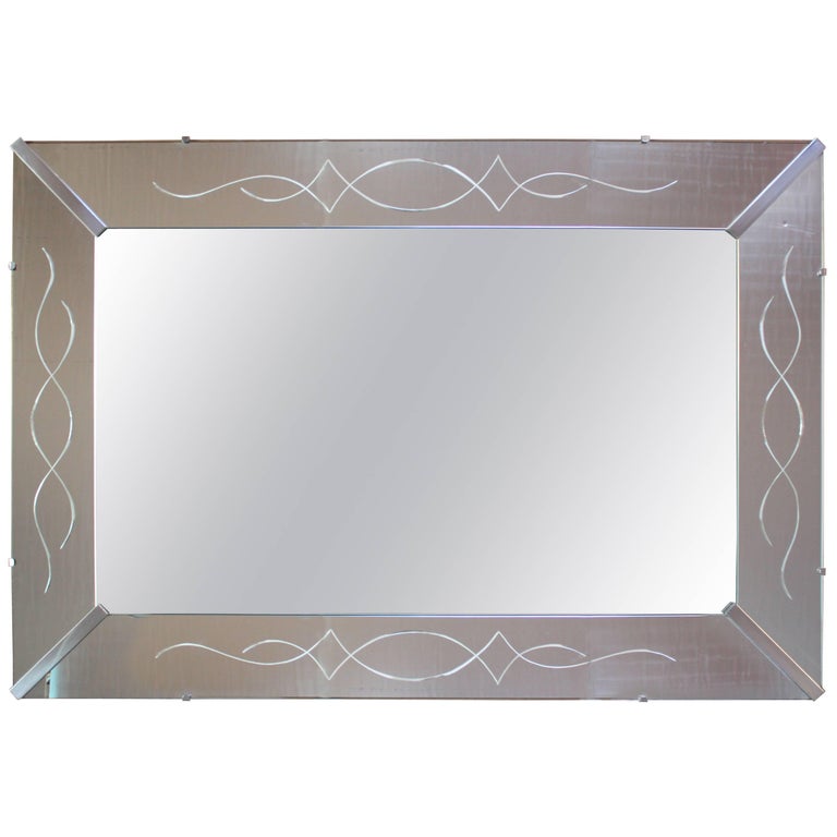 Large Beveled Glass Decorator Mirror with Etched Frame