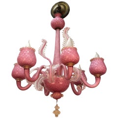 Midcentury Murano Six-Arm Chandelier in Textured Pink Glass with Feathers