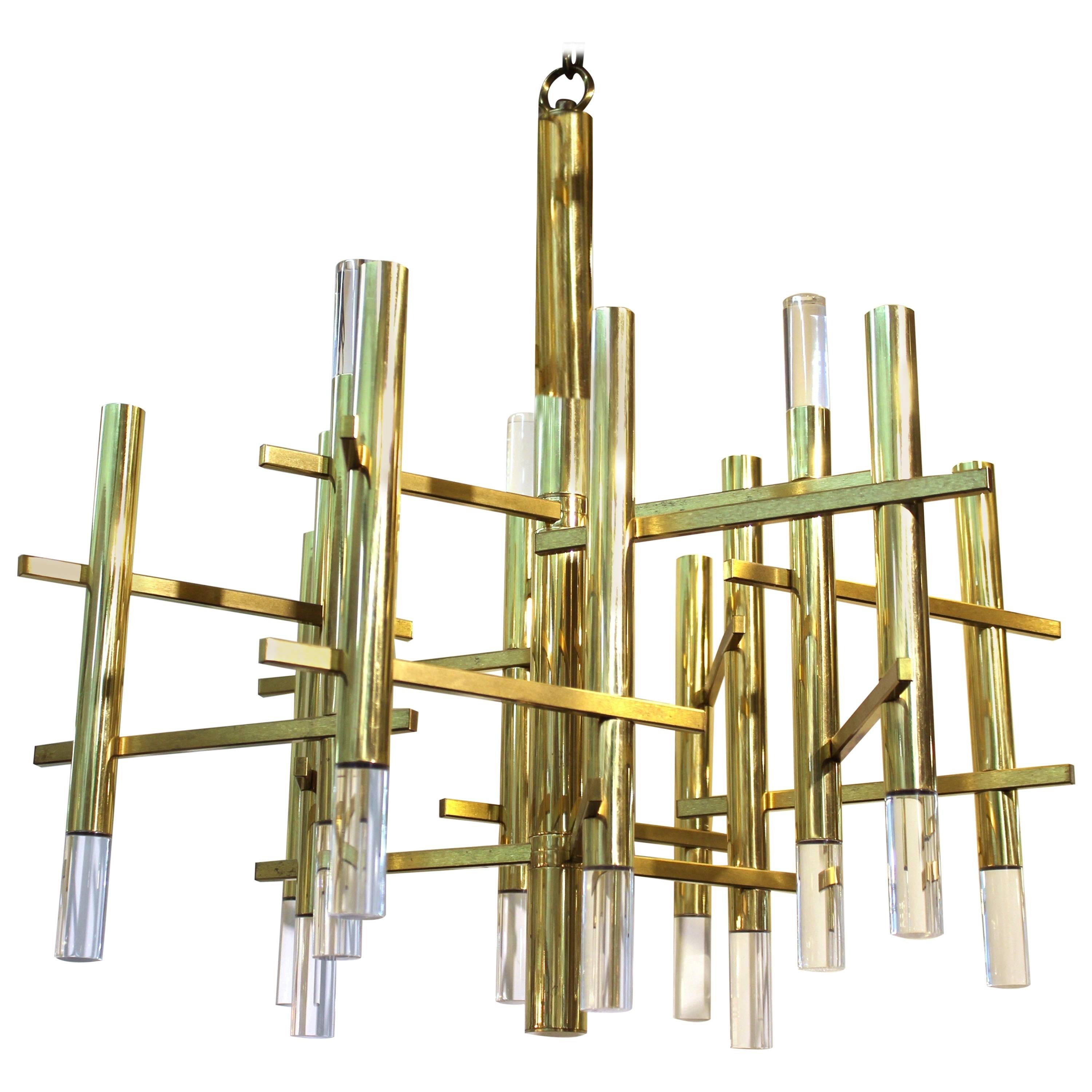 Sciolari Italian Atomic Era Chandelier in Polished Brass with Cylindrical Prisms