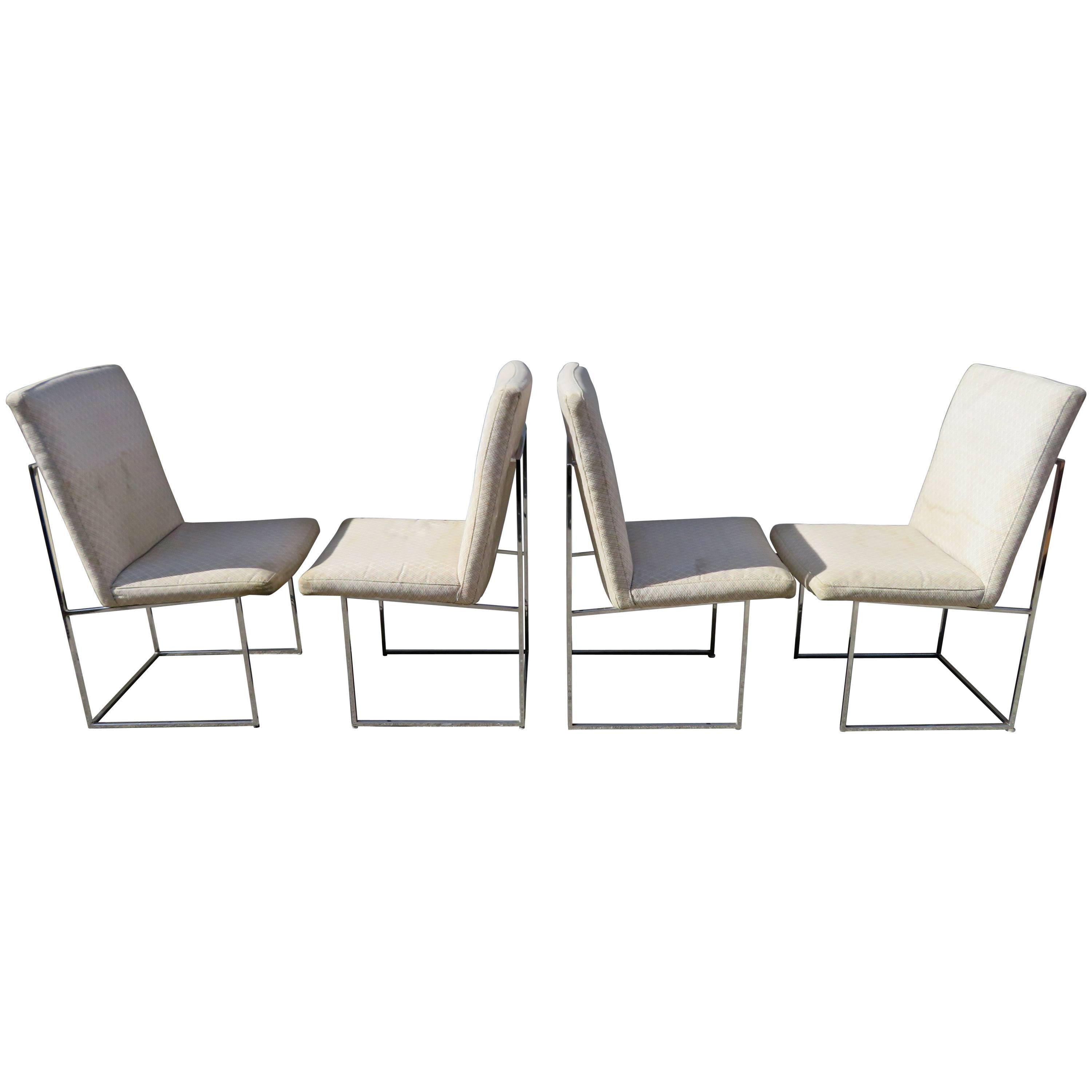 Set of Four Milo Baughman Chrome Cube Architectural Dining Chairs, Midcentury