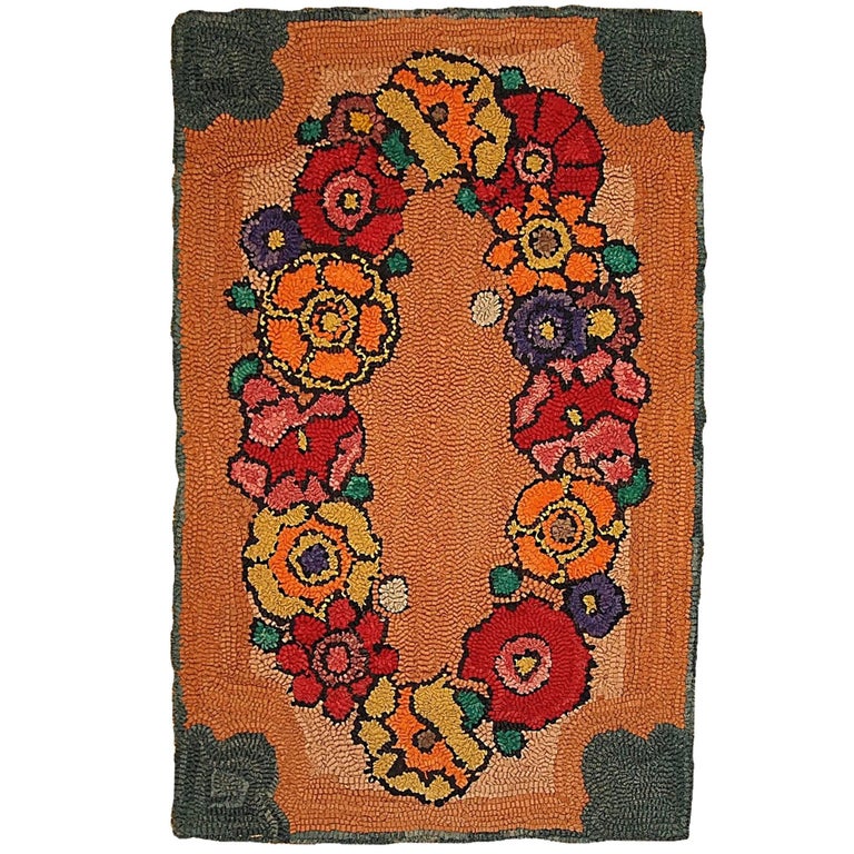 Looped Rug Vintage Handmade Antique American Hooked Rug, 1940s, 1C21AU For Sale at 1stDibs