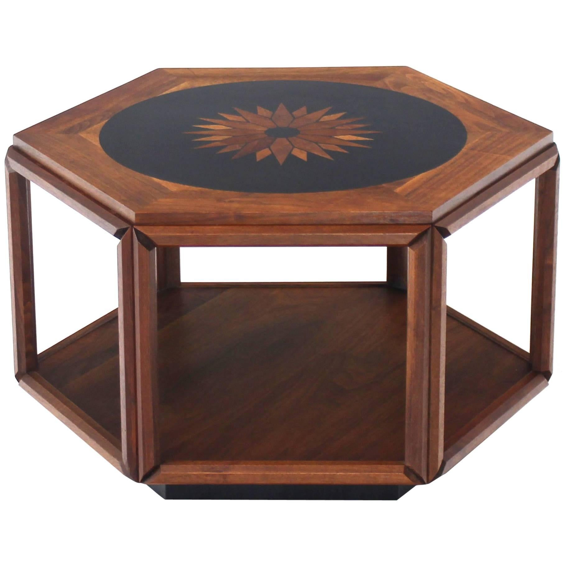 Brown Saltman Hexagonal End Coffee Table with Sunburst Inlay For Sale