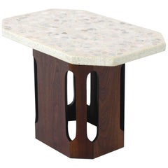 Tavolino con base in noce oliato e piano in terrazzo