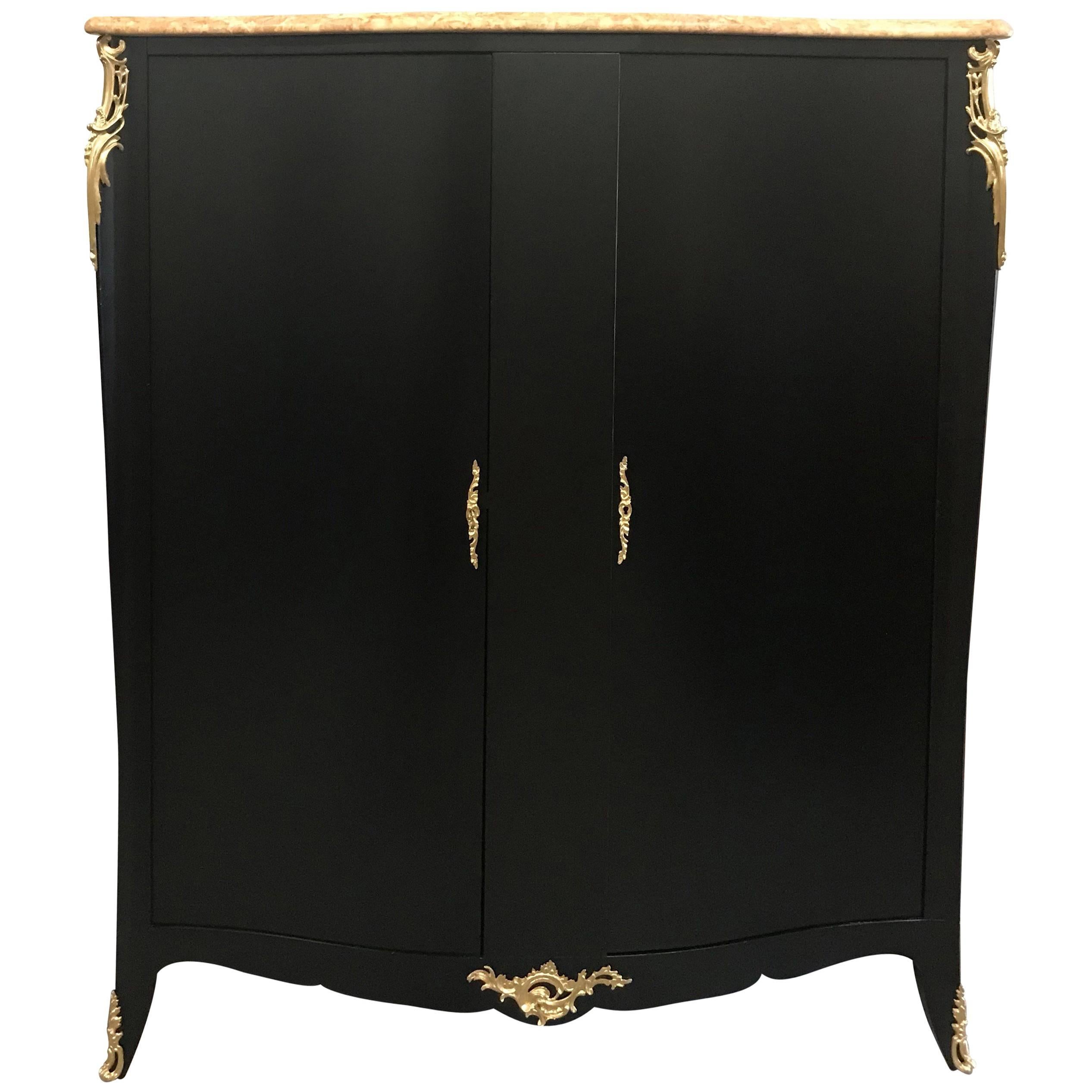 Monumental French Art Deco Ebonized Dry Bar Cabinet with Marble Top, 1940s For Sale