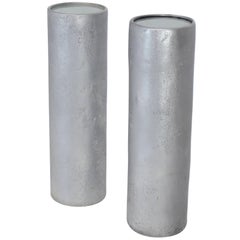 Pair of Round Cylinder Lighted Pedestals Stands