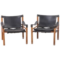 Arne Norell Safari Sirocco Chairs Black Leather and Rosewood, 1960s