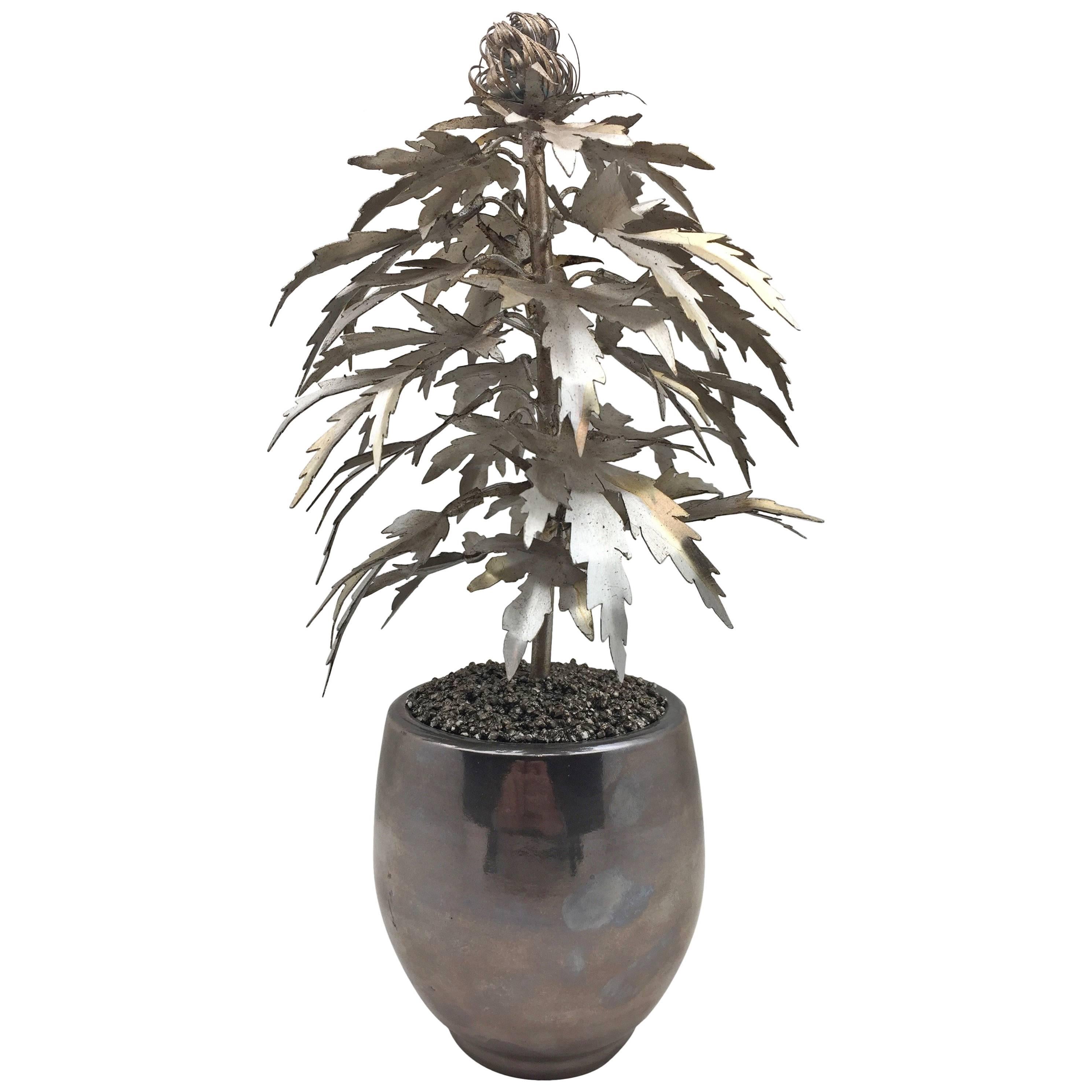 Silvered Gilded Tole Marijuana or Cannabis Potted Plant, Park Avenue Pot Plant