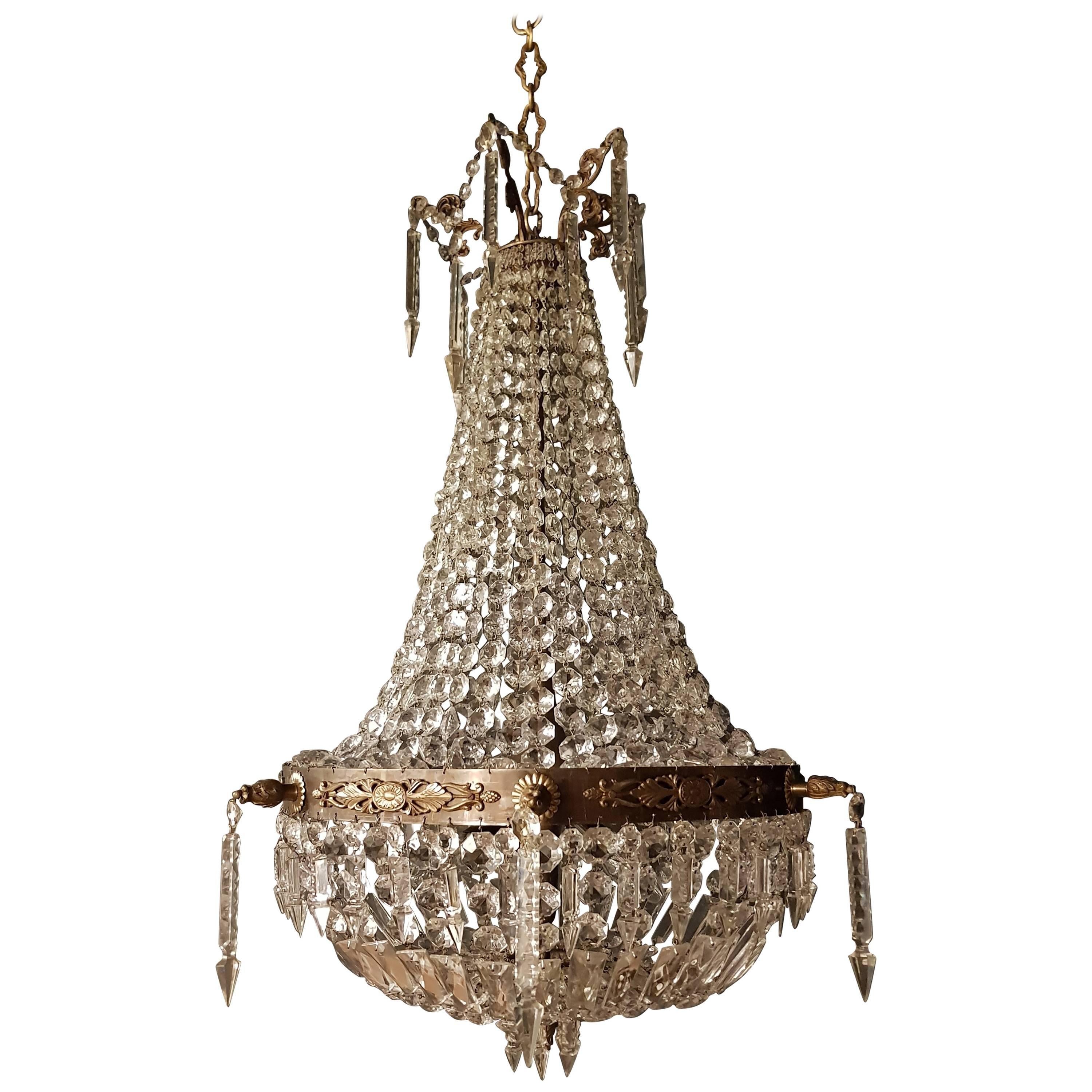 Antique Sac a Pearl Chandelier Crystal Lustre Brass Ceiling Lamp