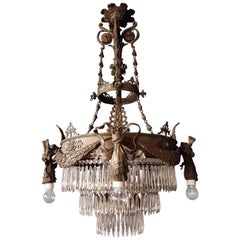 Antique 1900s Chandelier Crystal Lustre Brass Ceiling Lamp Rarity