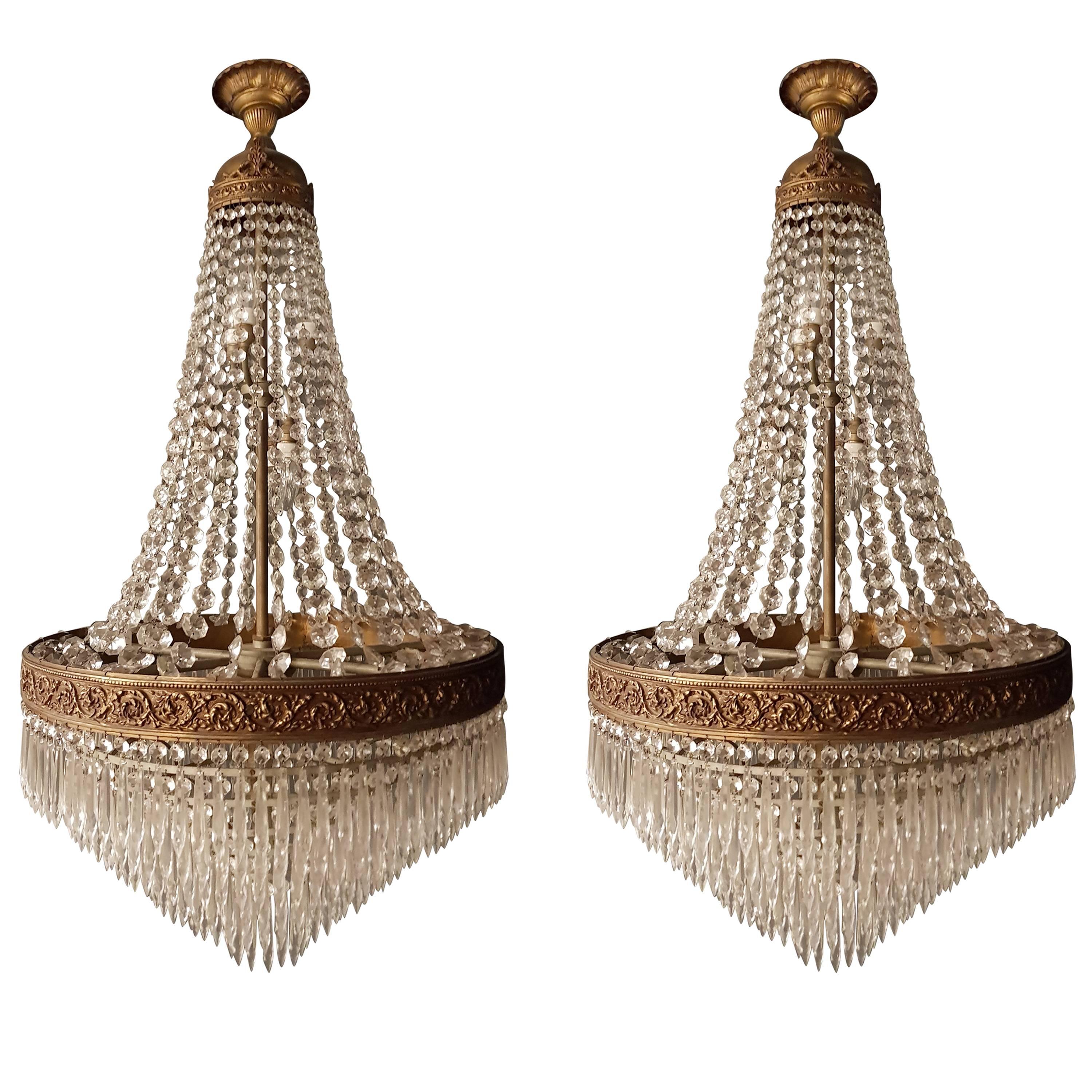 Empire Set 2x 'Sac a Perle' Pair of Crystal Chandelier Lustre Brass Ceiling Lamp