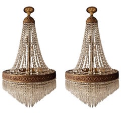 Antique Empire Set 2x 'Sac a Perle' Pair of Crystal Chandelier Lustre Brass Ceiling Lamp