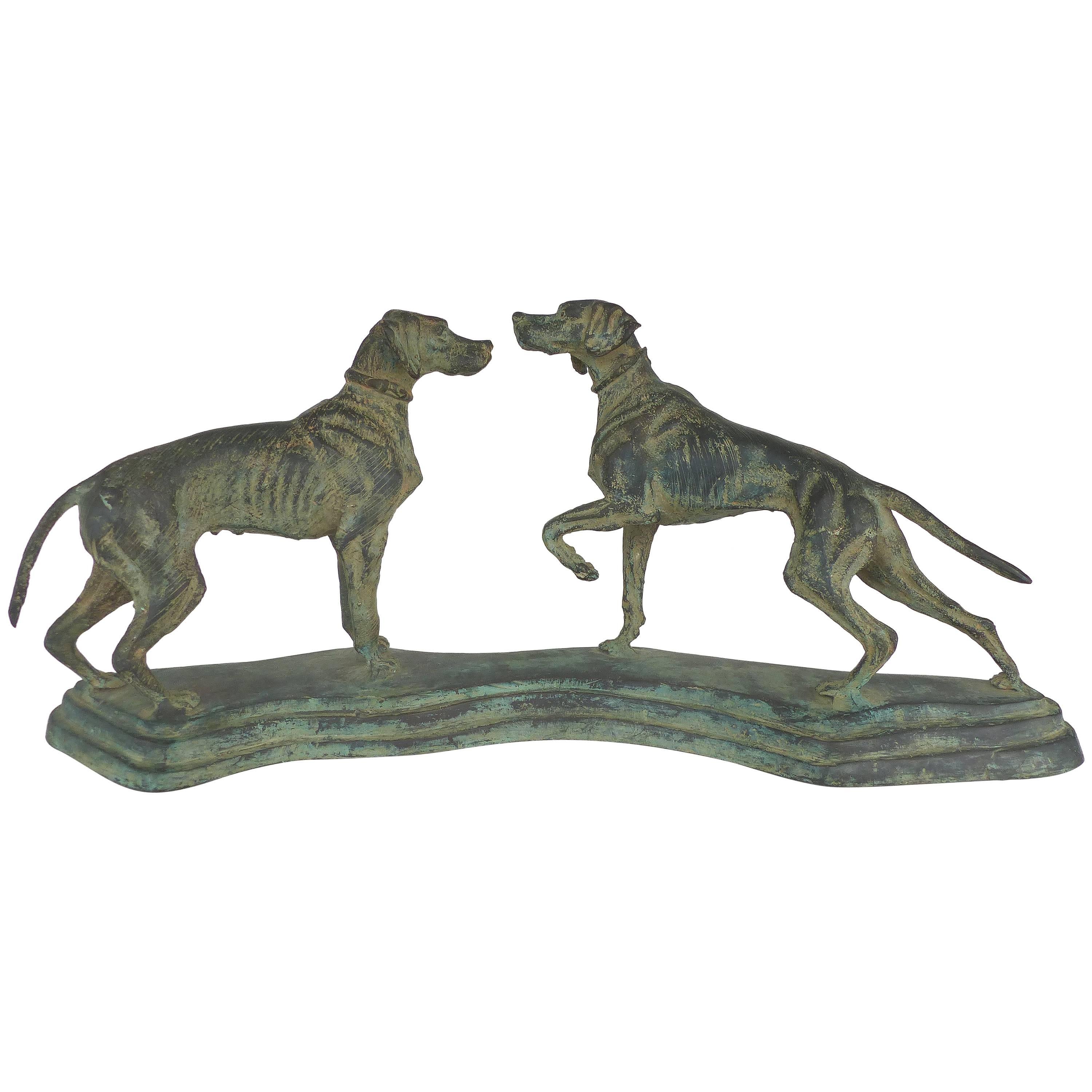 Vintage Bronze Sculpture of Two Hunting Dogs