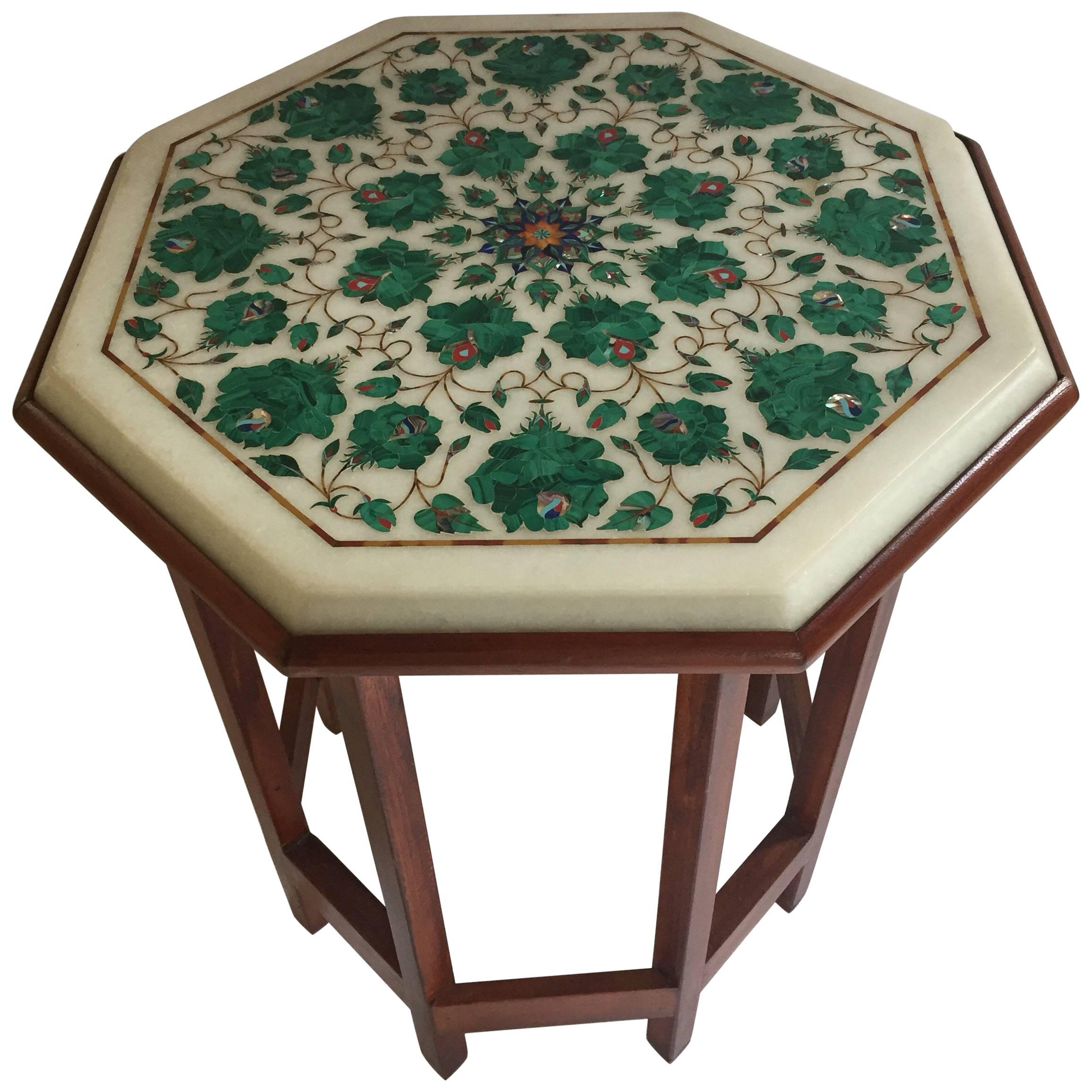 Pietra Dura Marble-Topped Octagonal Table Inlaid in Taj Mahal Anglo Raj Style
