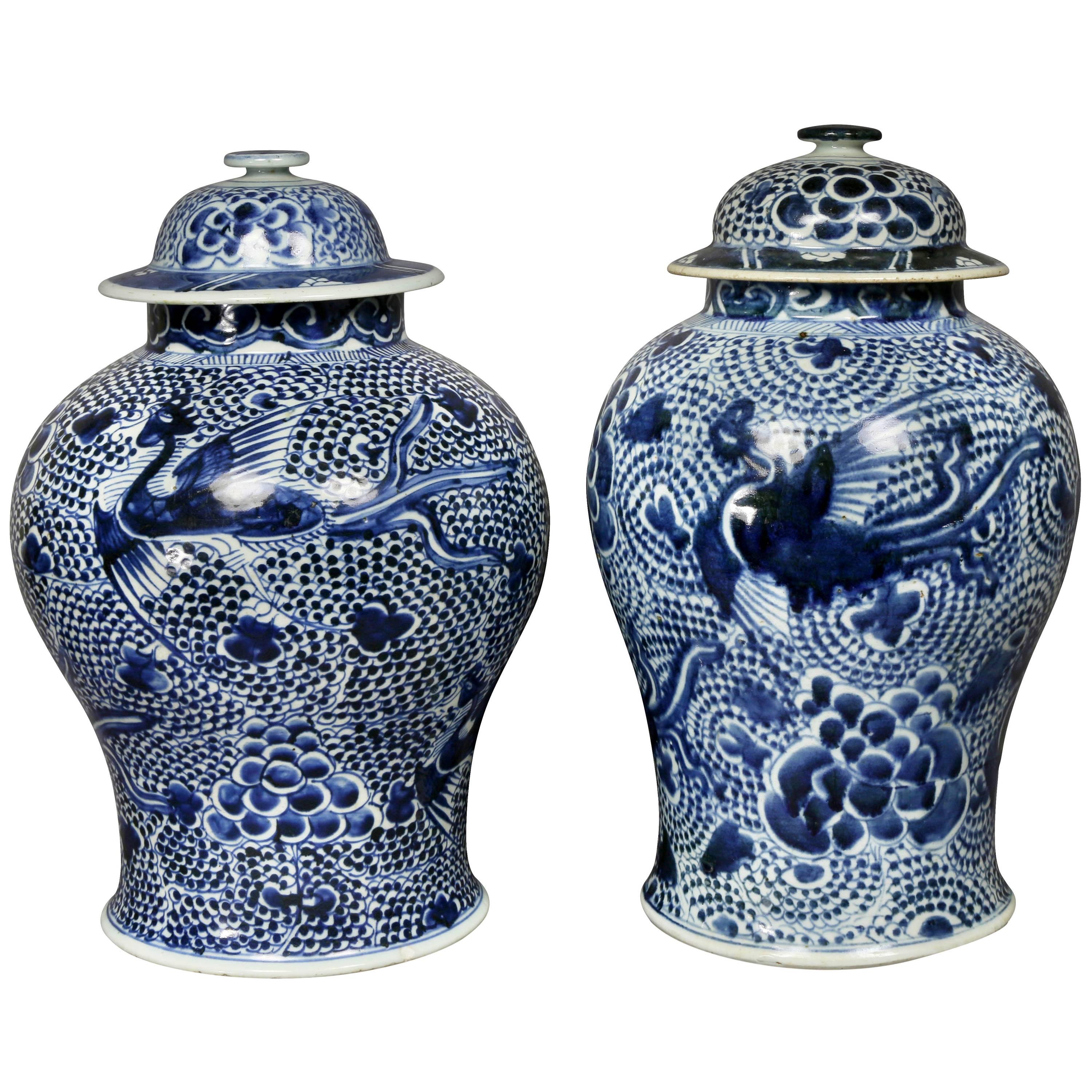 Matched Pair of Chinese Blue and White Covered Jars