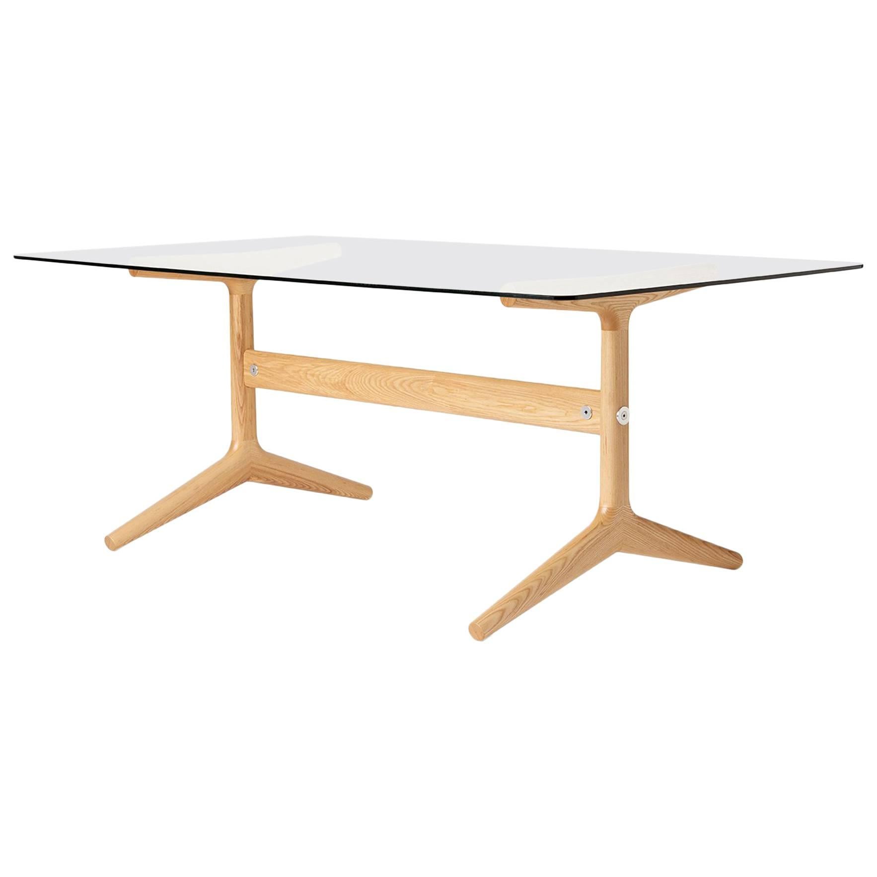 404 Linear Table, Modern Ash Hardwood, Glass, Aluminum, Dining Table ‘Seats Six’ For Sale
