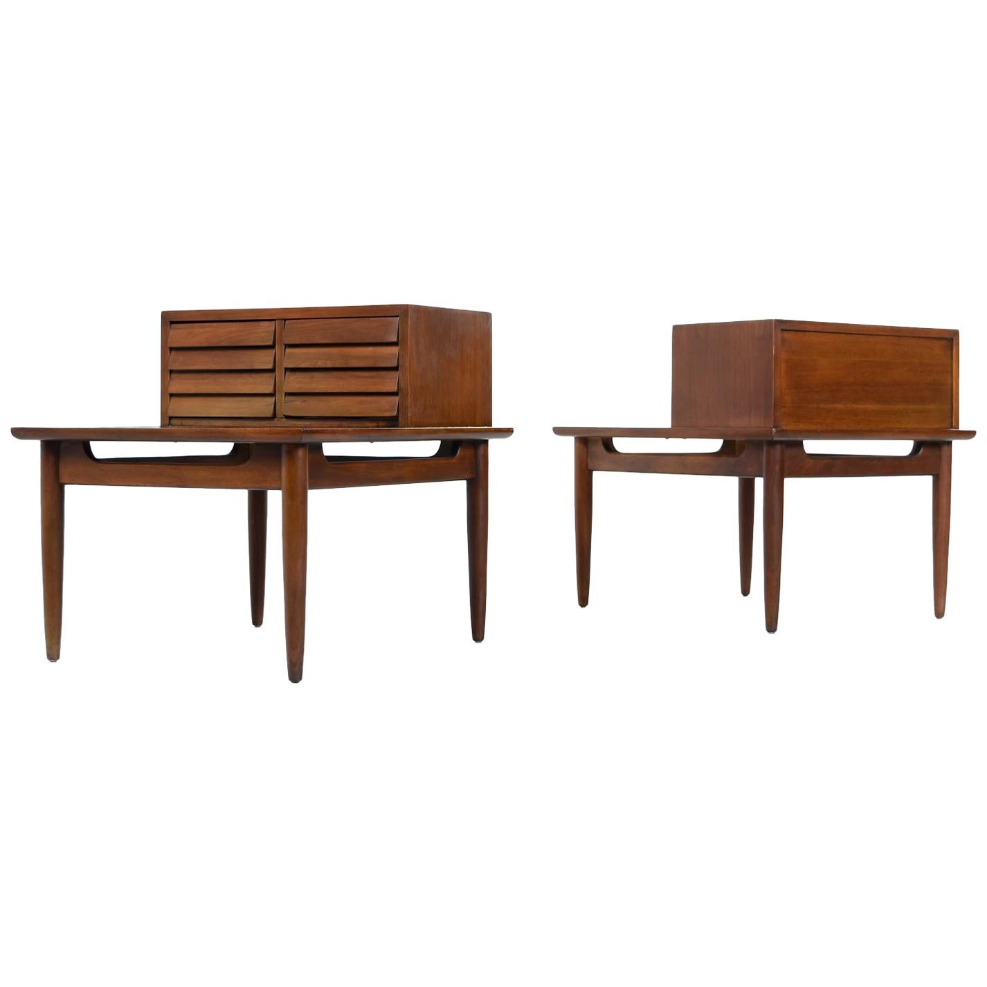 American of Martinsville Dania Walnut Louvered Lamp Table Nightstands