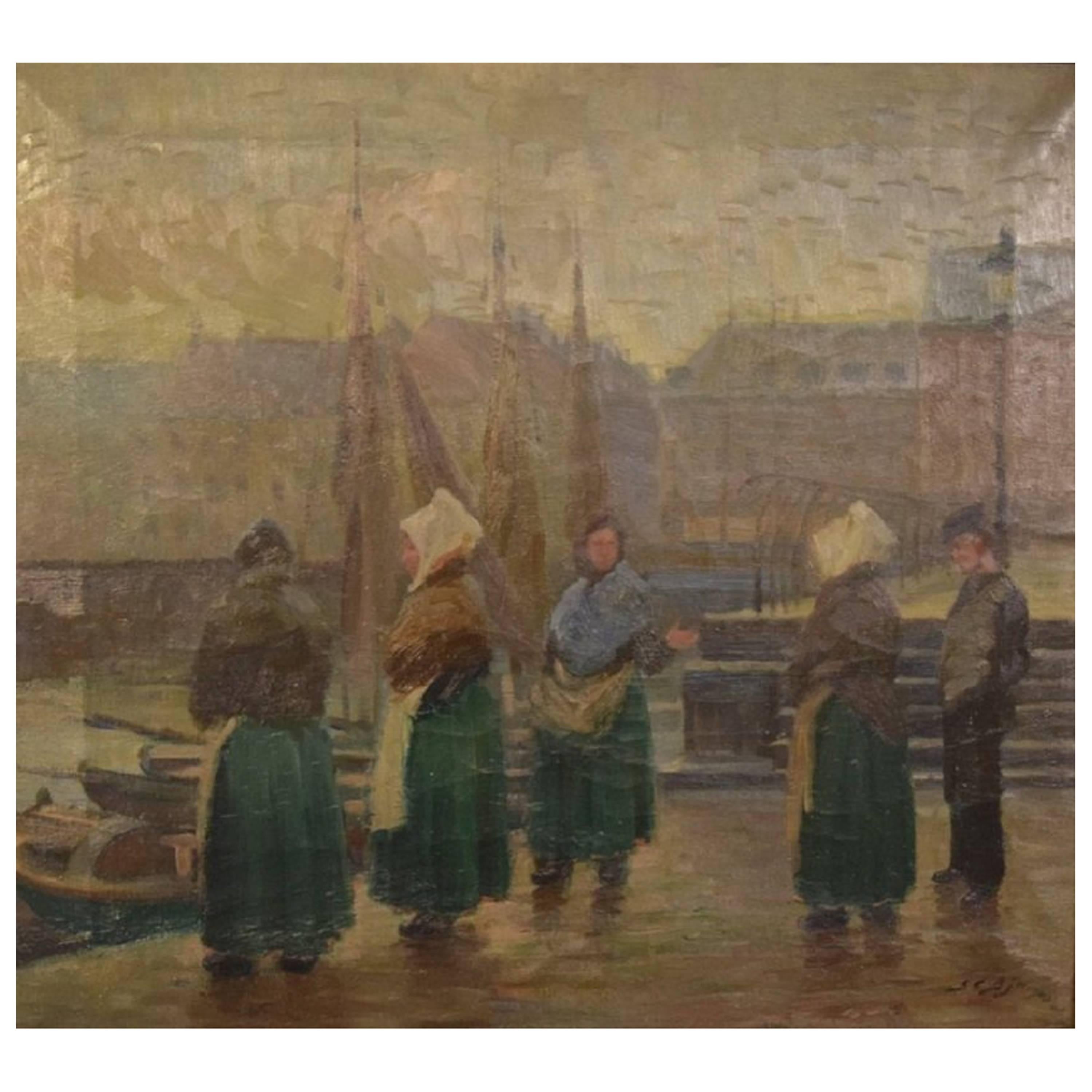 Søren Christian Bjulf, Pêcheuses au vieux quai, Copenhague, huile sur toile